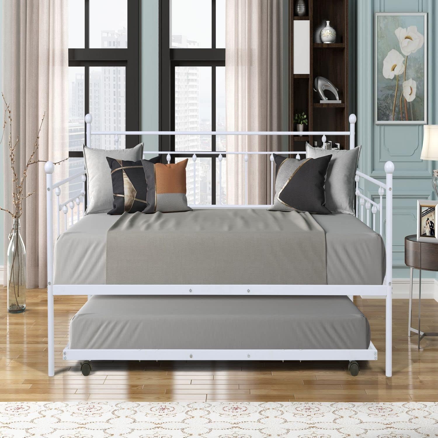 Twin Size Daybed and Trundle Frame Set, Metal Frame with Pull Out Trundle for Teens and Adults, for Living Room, Guest Room (Light Grey)