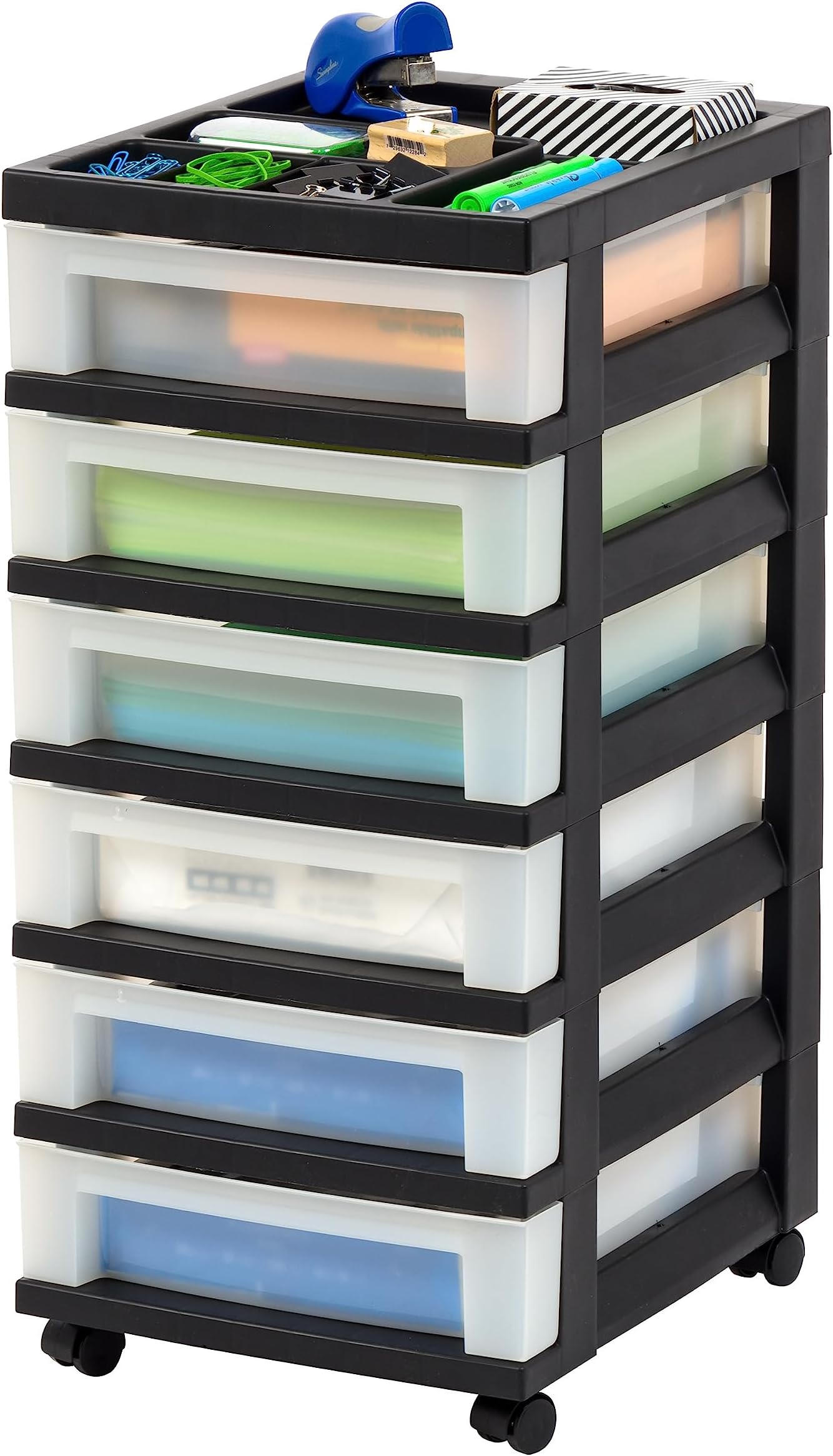 IRIS USA Plastic Drawer Storage Organizer with Wheels on Wheels 6 Drawers for Classroom Arts Crafts Supplies Dresser Closet Bathroom Dorm Bedroom Laundry Room Black/Pearl