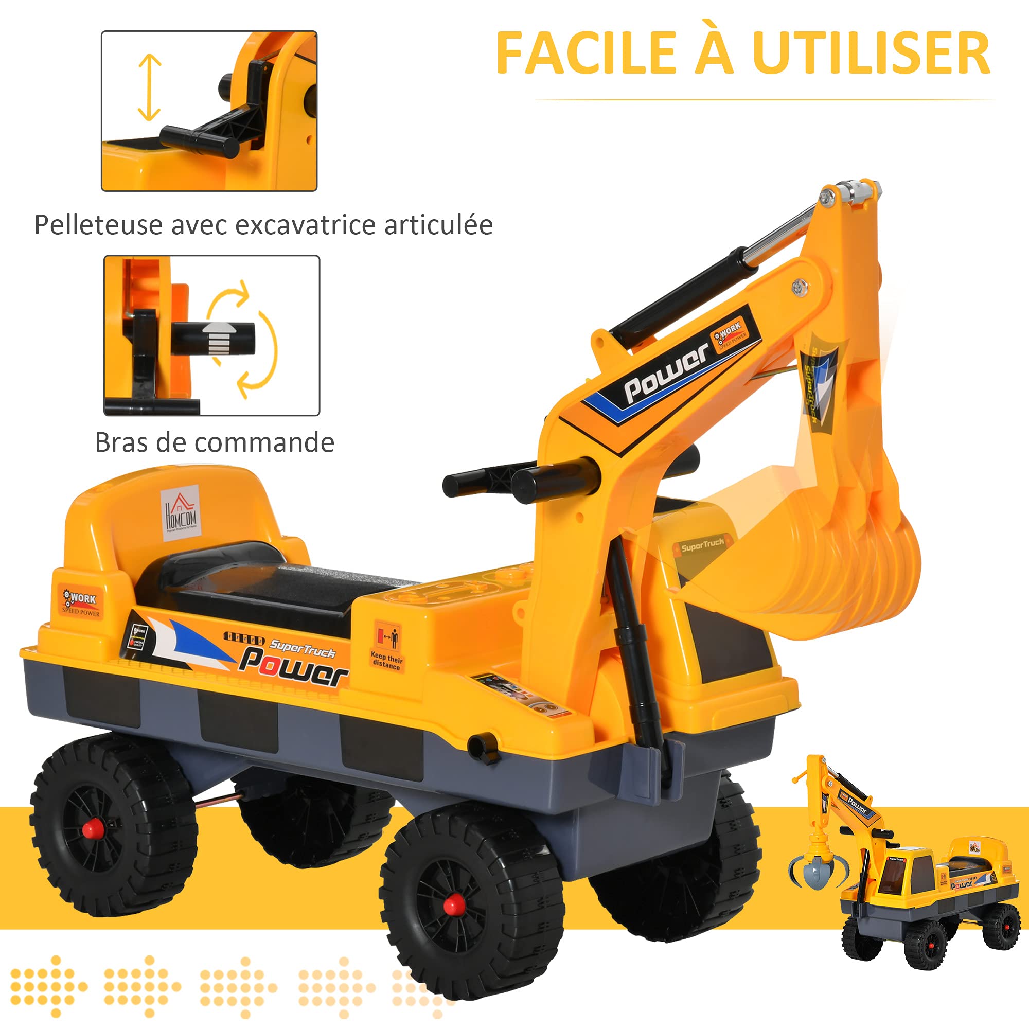 Homcom Kinder Tritor Lauflernhilfe Traktor 2 – 3 Jahre Bagger mit Gelenk, mit Zange inkl. Soundeffekte, Polypropylen, Gelb