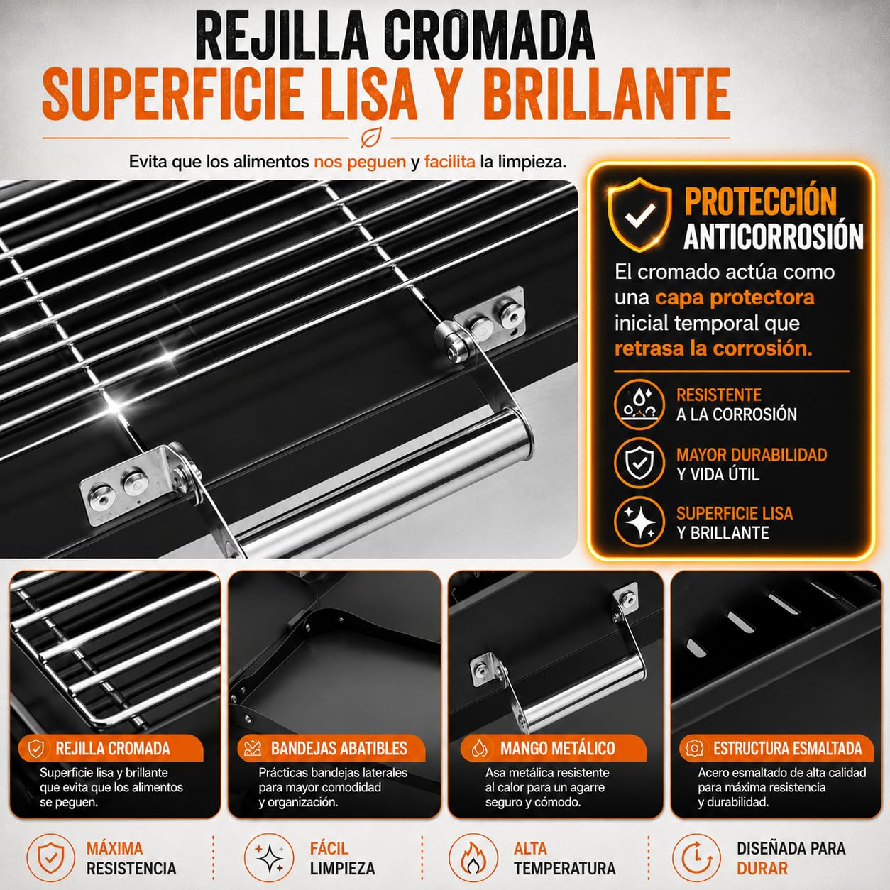 TIENDA EURASIA – Barbacoa de Carbón Plegable | Portátil con 4 Patas Plegables y 2 Bandejas Laterales Abatibles | Acero Esmaltado | Rejilla de Cocción Cromada | Negro | Carbón o Briquetas | 82x30x57 cm