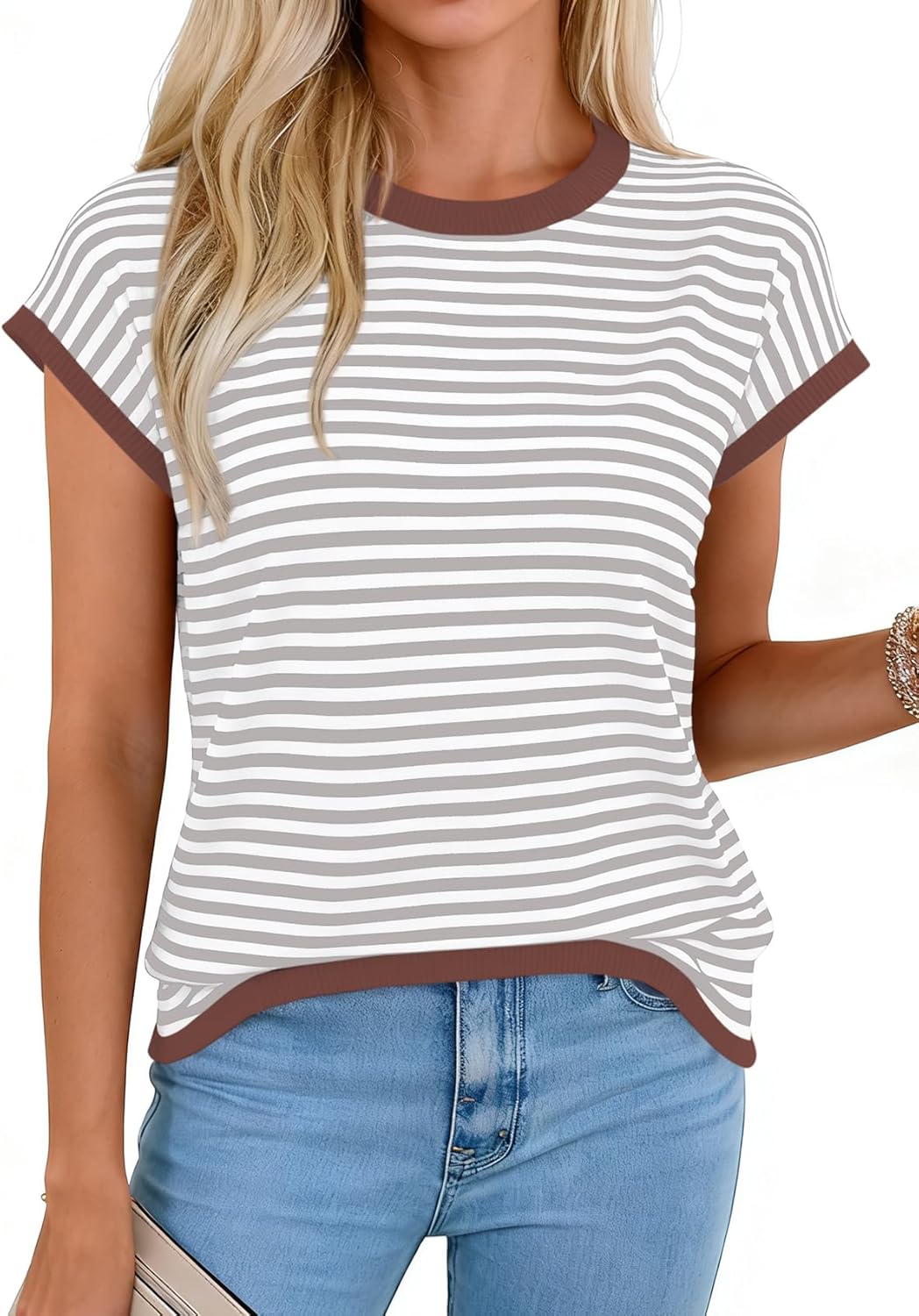 Cap Sleeve Tops for Women Summer Striped Short Sleeve Sweater Top Crew Neck Sleeveless Vest Spring Going Out Shirts - Image 2