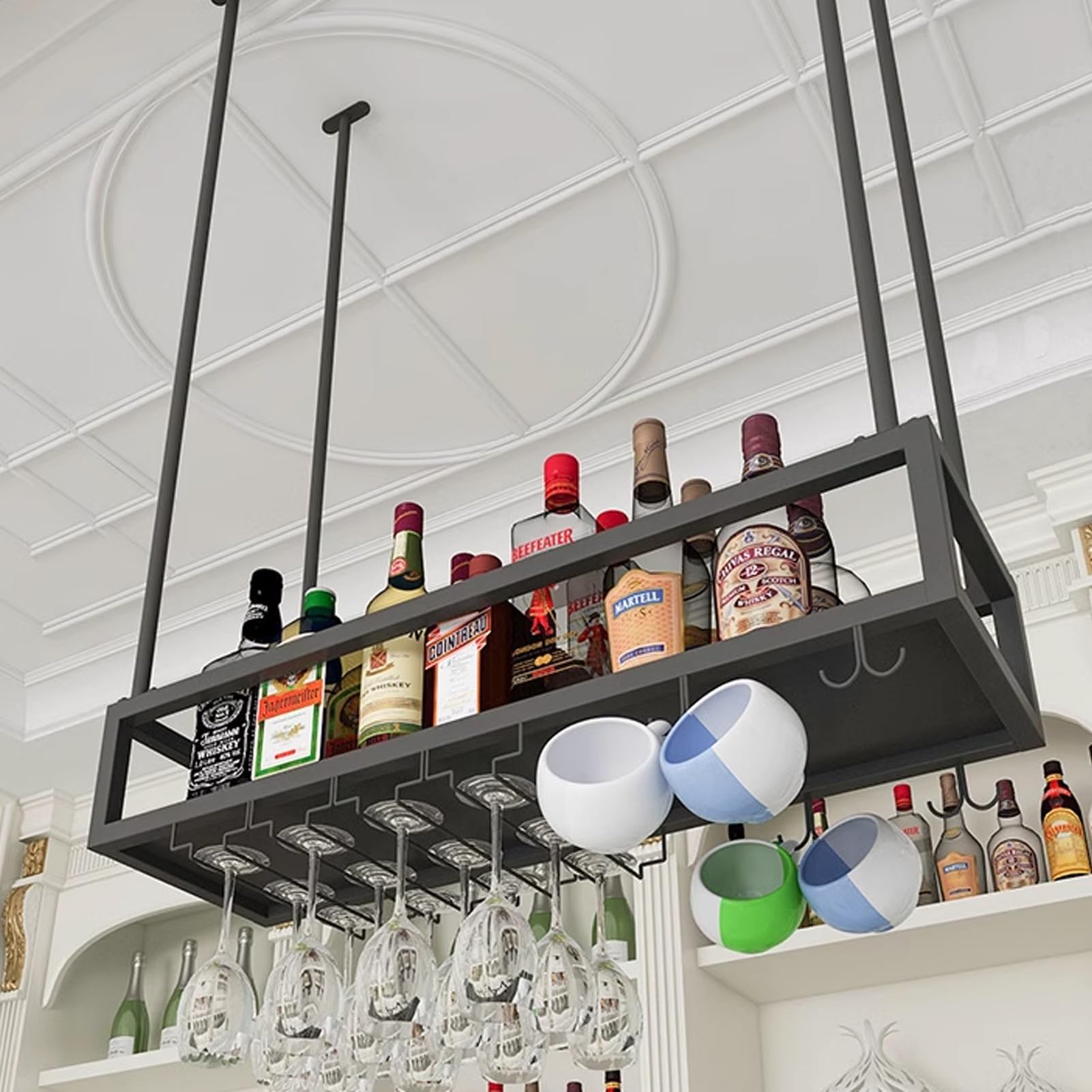 Support de bouteille de vin plafond et étagère de rangement en fer noir
