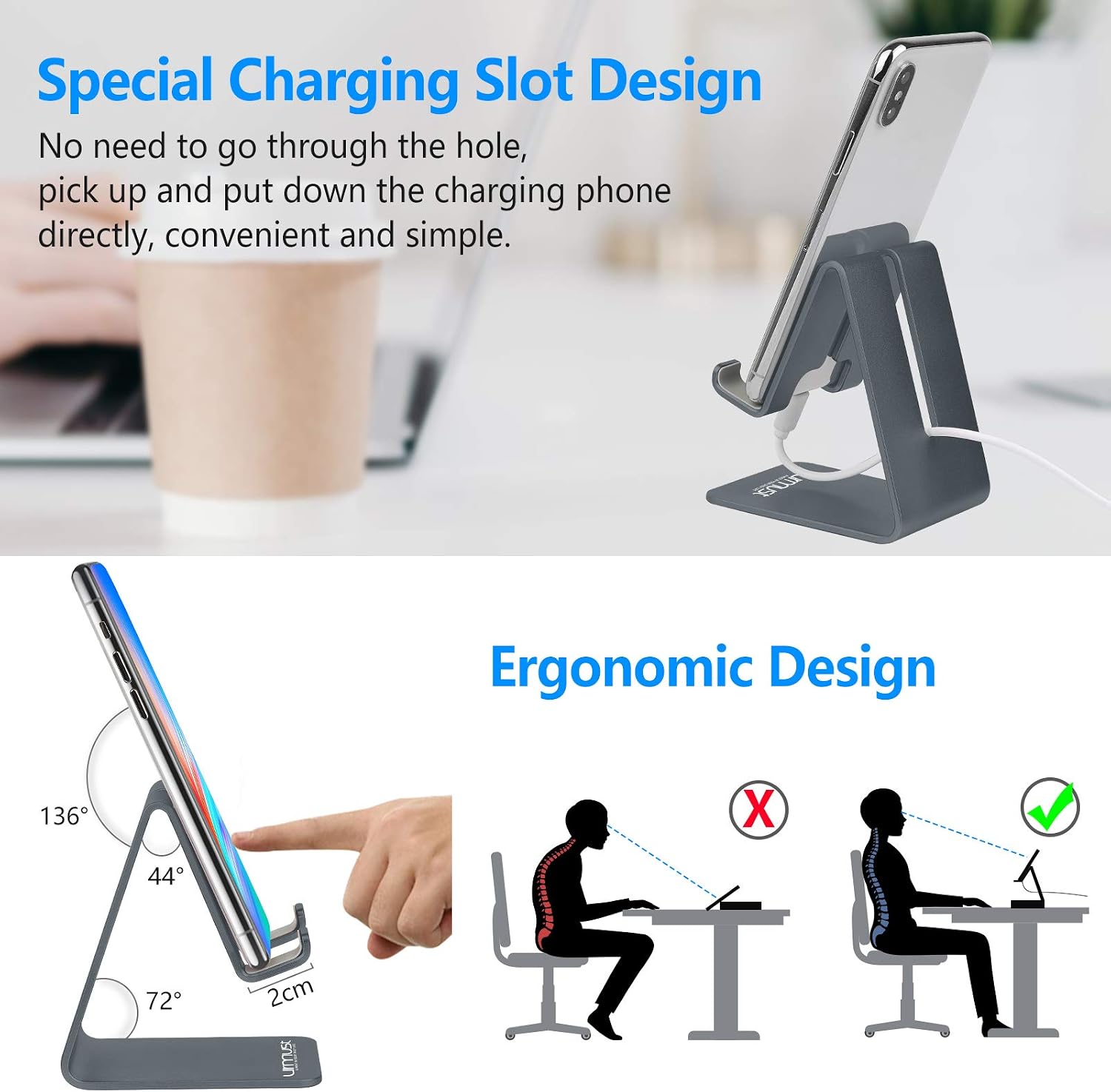 Urmust Cell Phone Stand for Desk Phone Holder Dock Cradle Stand for iPhone 14 13 12 11 Pro Max X Xr 8 Plus 7 6,Switch, Tablet(4-10in) [2023 Updated Version] Gray