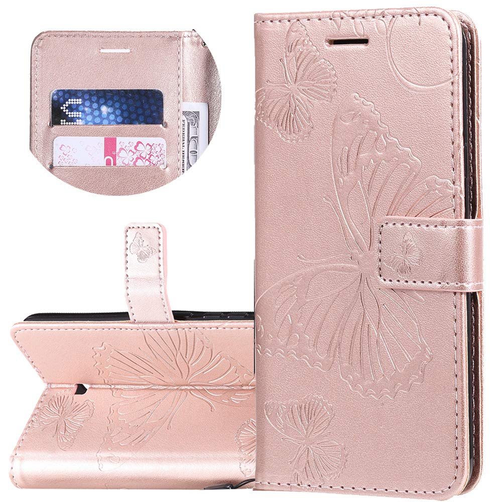 ISADENSER Xiaomi Redmi Note 8T Wallet Case Redmi Note 8T Butterfly Case [Business Embossing] [Kickstand Flip] [Card Slot] [Magnetic Clasp] Flip Phone Case for Redmi Note 8T Rose Gold Butterfly KT