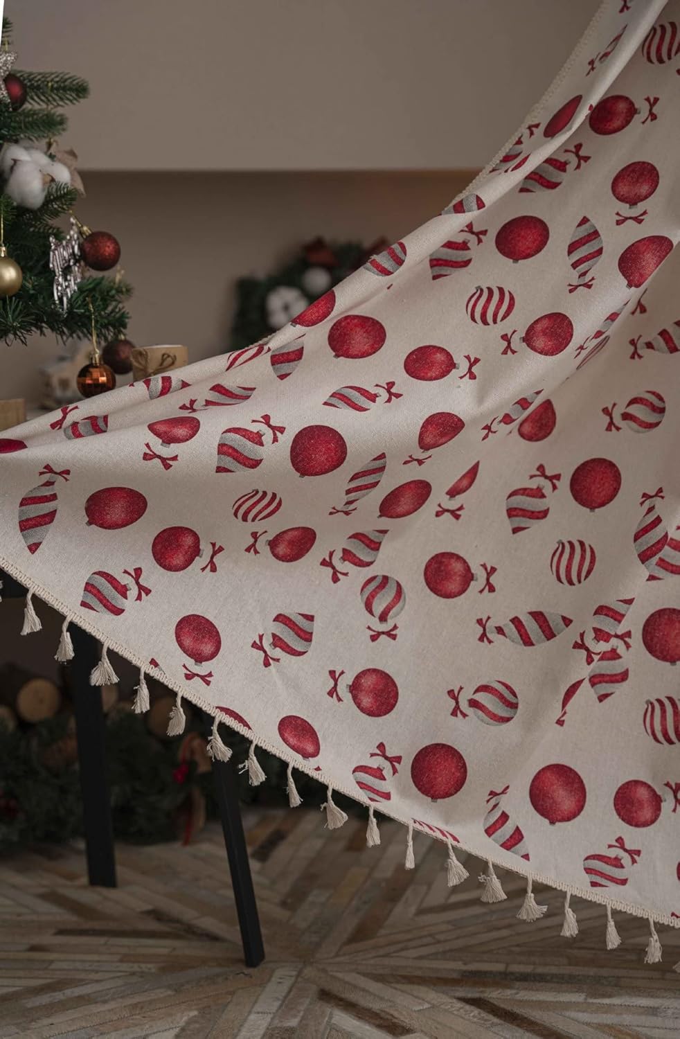 Boho Curtain Red Candy Pattern Cotton Linen Printed Semi Blackout Privacy Drape 1 Panel Light Filtering Rod Pocket Window Treatment with Tassels for Xmas Decor (59" W x 87" L)