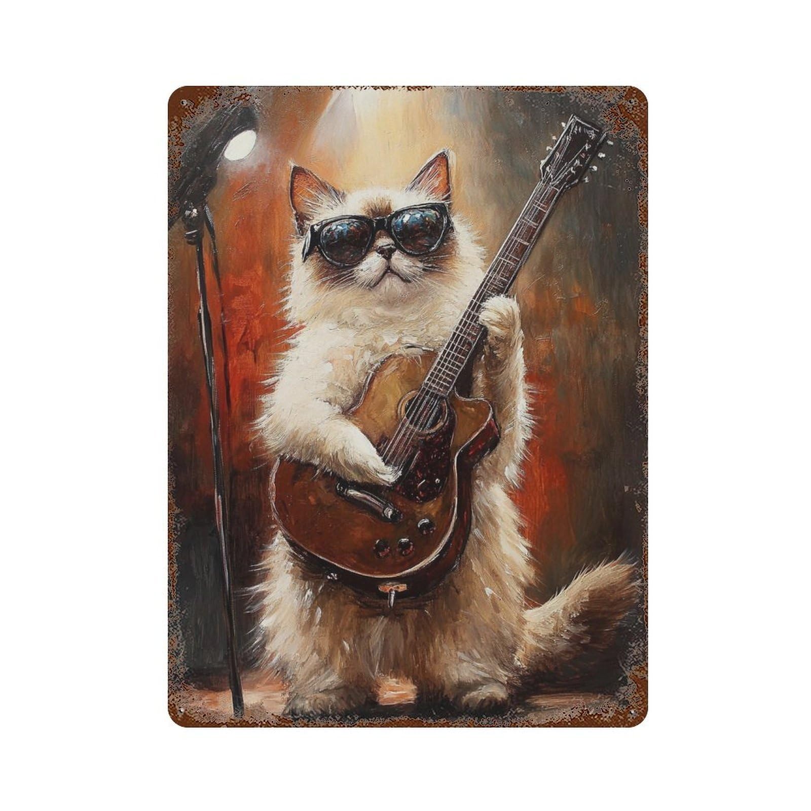Cat Rock Star Guitar Painting Weathered Tin Sign 15.7"x11.8", Decorative Metal Wall Art for Garage, Bar And Workshop Decor
