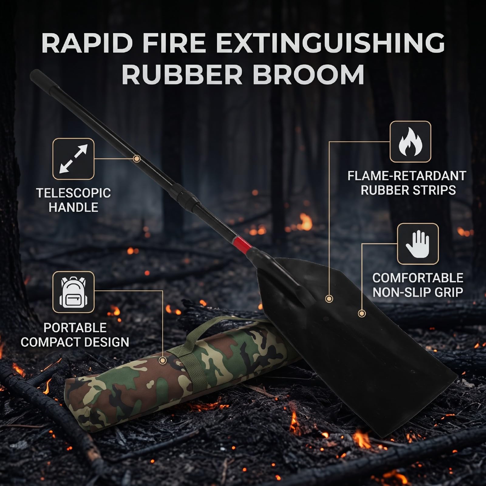 Fafeicy Trapeador Extintor de Incendios Escoba de Goma Telescópica de 1, con Bolsa de Almacenamiento, Herramienta Portátil de Extinción de Incendios Forestales para Pastizales y Bosques
