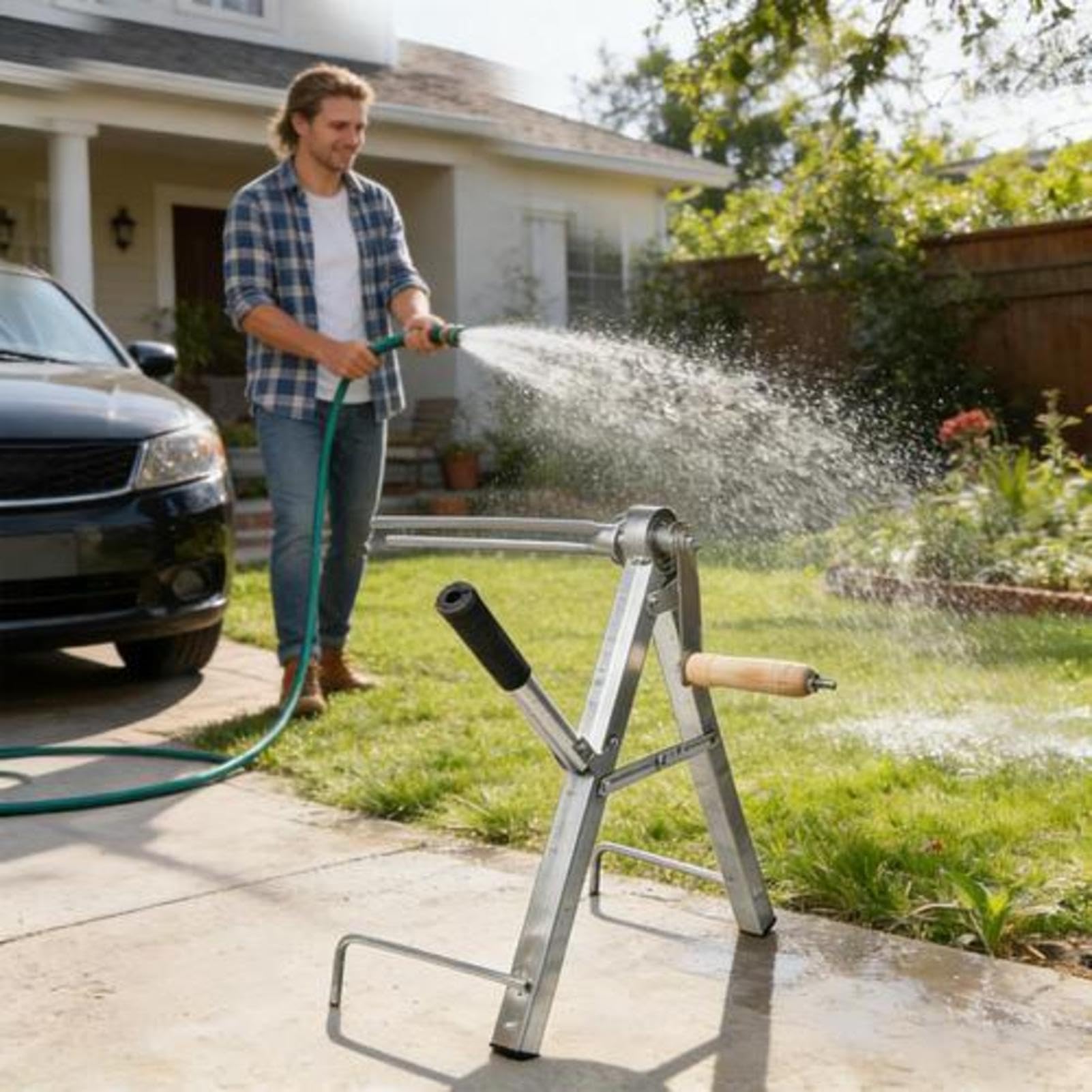 Carrete para manguera de jardín Soporte plegable resistente antideslizante | Almacenador de Manguera para Exterior para Jardín, Garaje, Taller, Césped, Grifo y Piscina