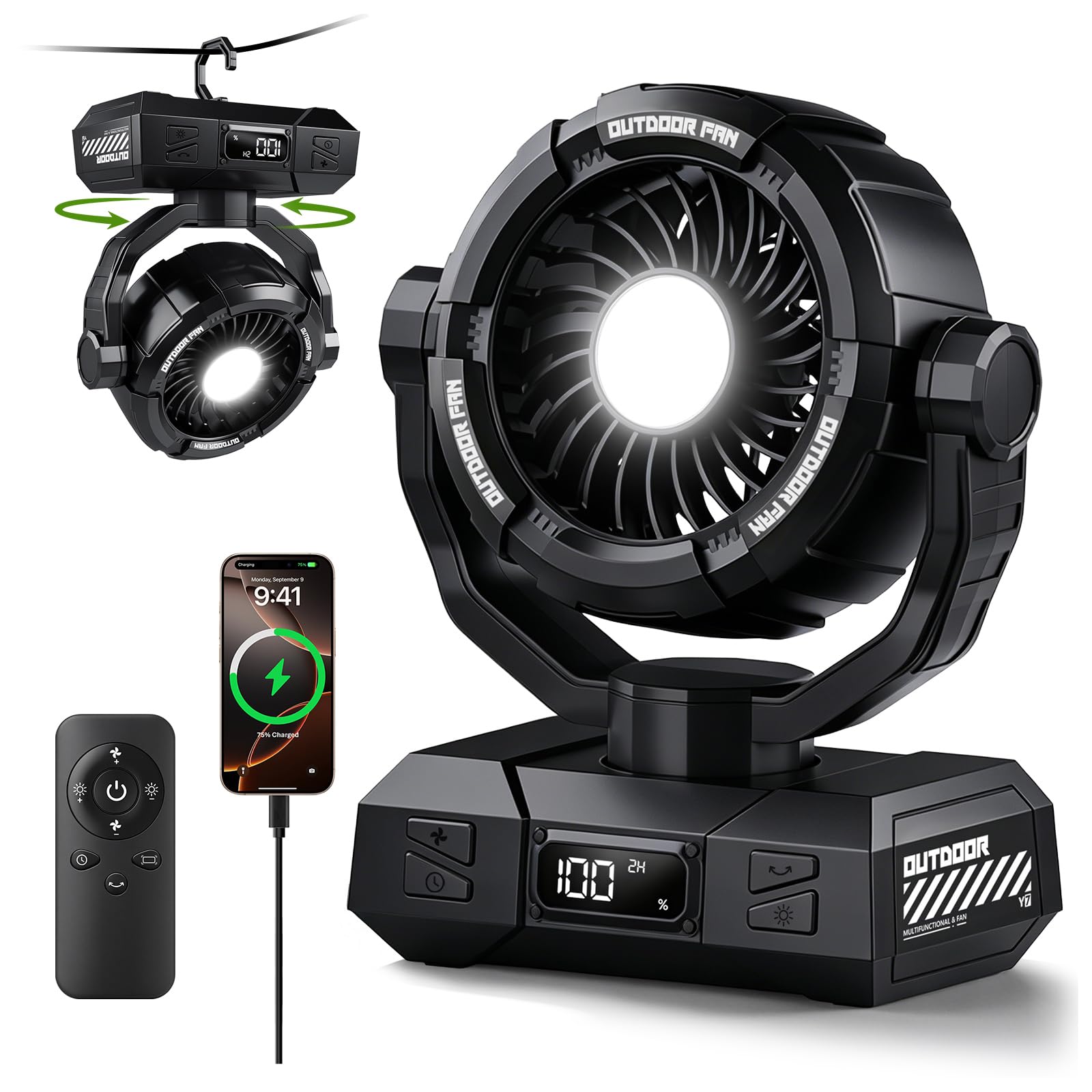 Ventilatore portatile da campeggio, 10000 mAh, alimentato a batteria, ultra sottile, con lanterna a LED, telecomando, gancio per tenda, fino a 26 ore di autonomia, rotazione di 120°, ventilatore da