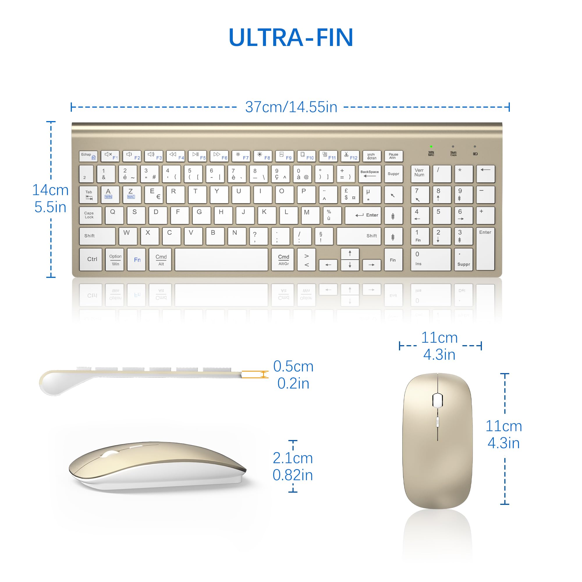 Combo Clavier Souris sans Fil Ultra Fin avec Double Système - Blanc Doré