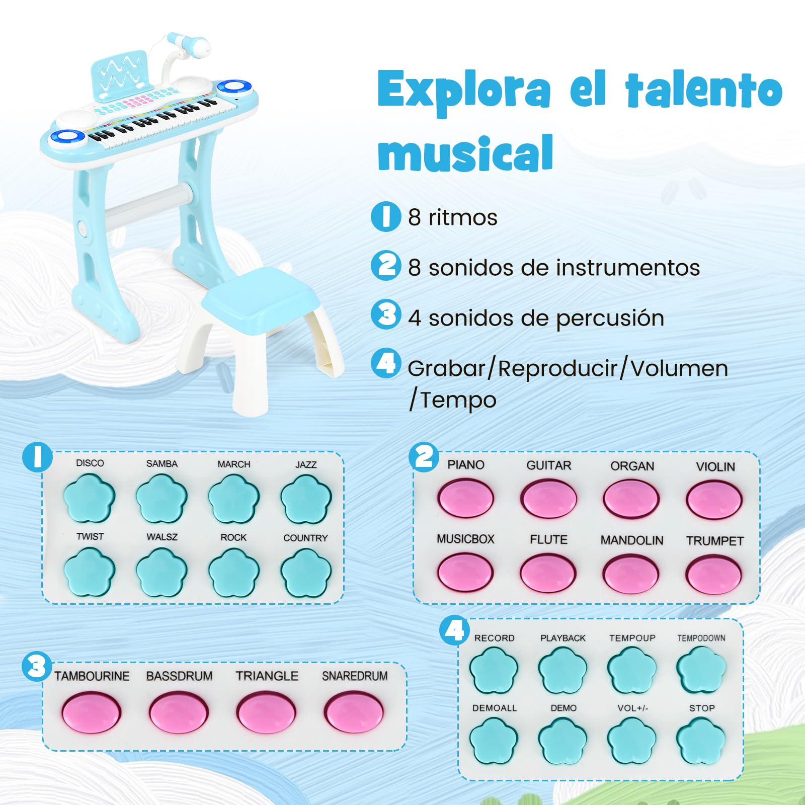 COSTWAY Piano Electrónico para Niños, Piano Infantil de 37 Teclas, Teclado de Piano con Patas Desmontables, Banquito, Micrófono Ajustable, 8 Ritmos y 8 Instrumentos (Azul)