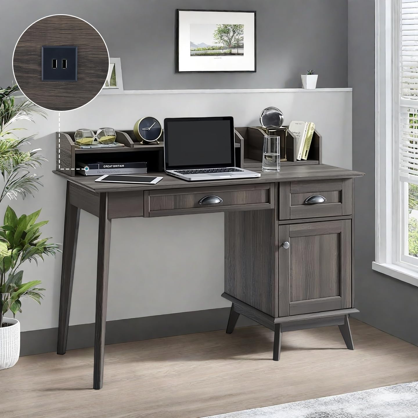 Newport Series Home Office Writing Computer Desk With Hutch| Storage Drawers and Cabinet | Sturdy and Stylish |Easy Assembly | Laptop PC Workstation | Smoke Oak Wood Look Accent Living Room Furniture