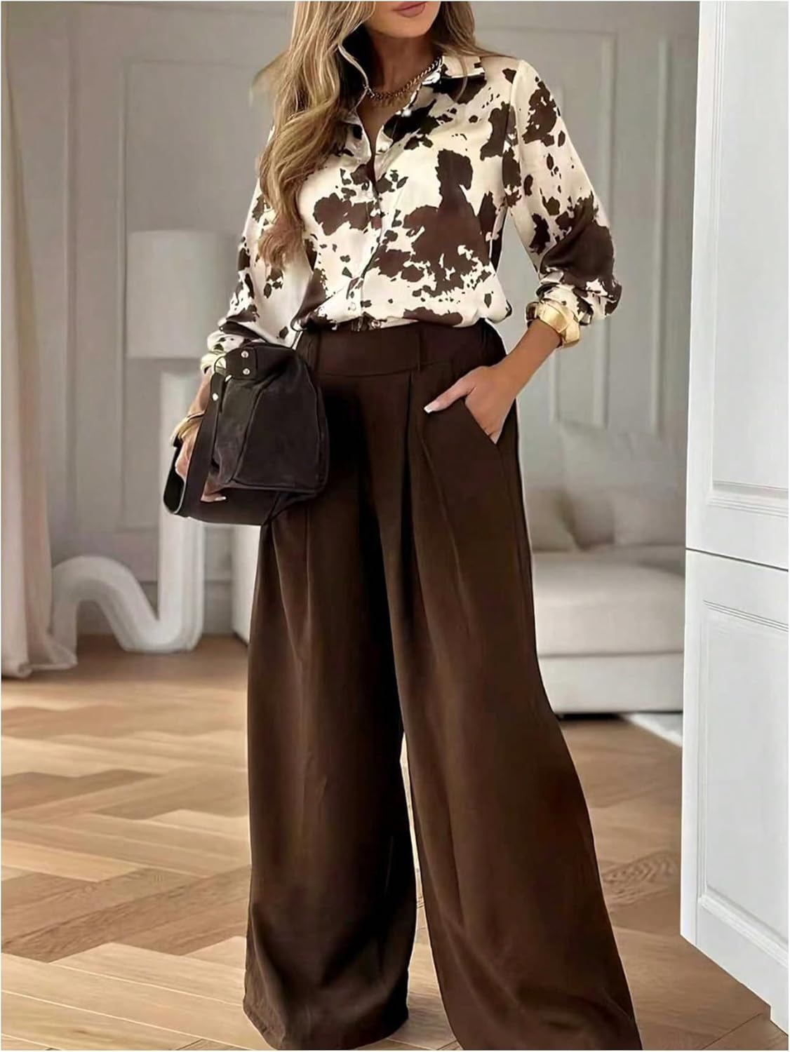 GORGLITTER Women's Cow Print Santin Blouses Long Sleeve Button Down Collared Shirts Dressy Casual Work Business Outfits - Image 4