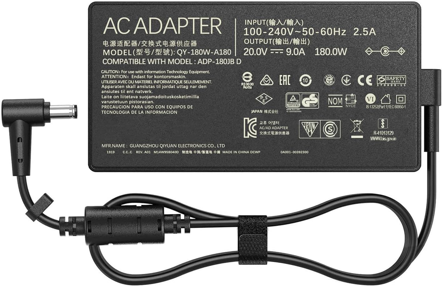 HHZ 180W Laptop Charger Compatible with Asus ROG Zephyrus G14 GA401 G15 GA502 TUF Gaming F15 F17 FX505D FX505G 20V/9A AC Adapter Power Cord ADP-180TB H