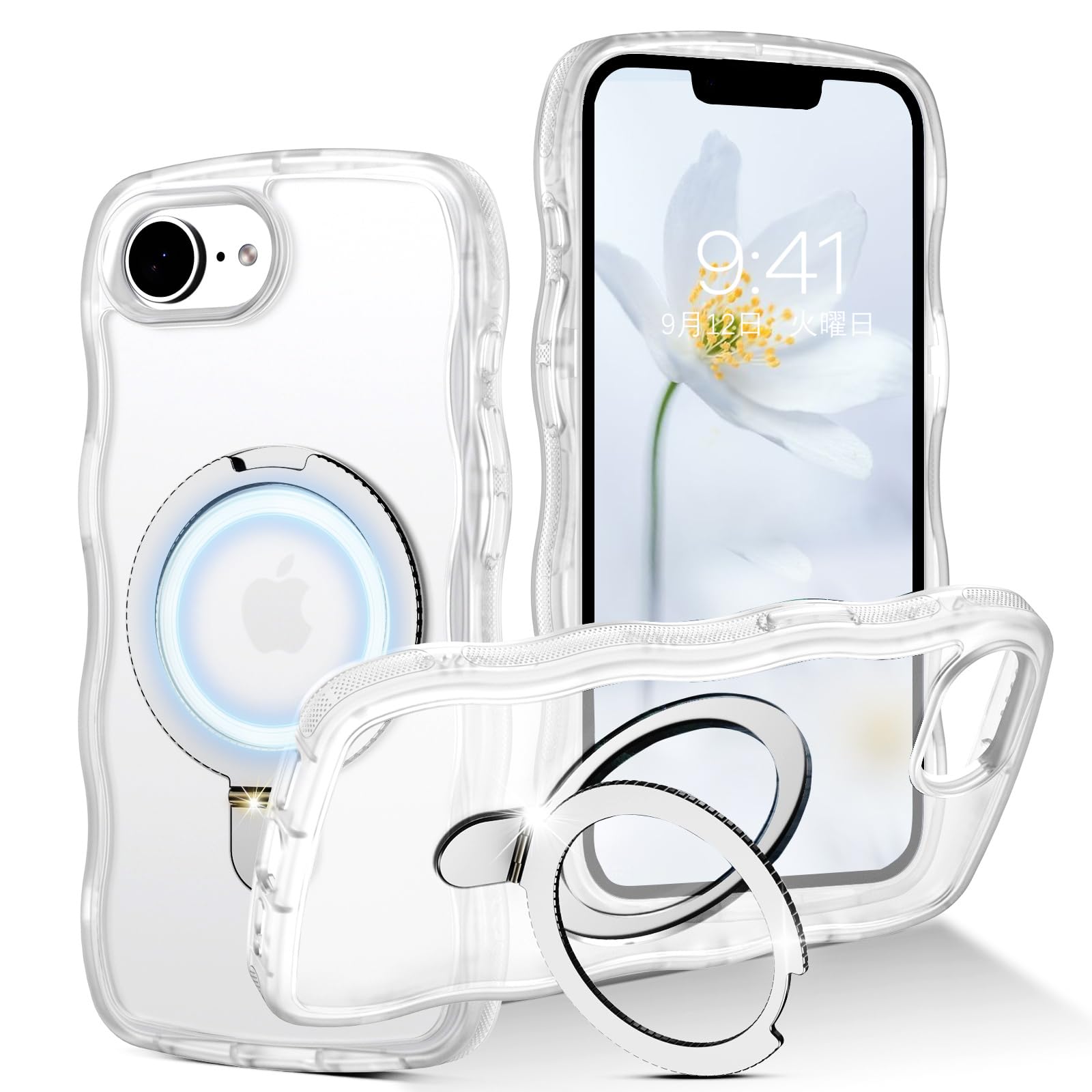 GUAGUA iphone 17e/16e ケース 耐衝撃 ウェーブ マット金属キックスタンド マグネット 縦横両用 回転リング付き 指紋防止 滑り止め 高耐久 可愛い うねうね 韓国 120°開閉可能 あいふおん16e /17eスマホカバー（白い）