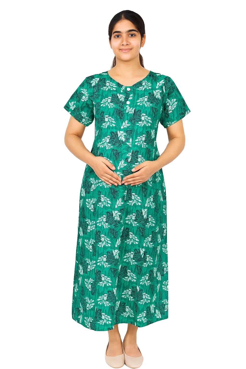 Sea Green Floral Pure Cotton Maternity Maxi/Nighty/Free Size/Feeding/Nursing/Zipper/with Pocket-image-23