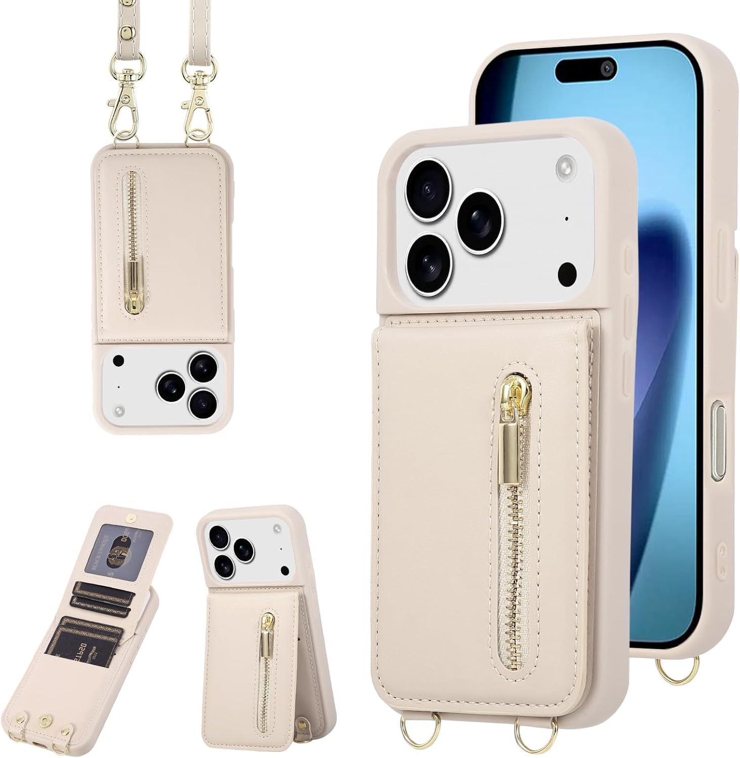 Jcxtrombulous Crossbody Wallet Case for iPhone 17 Pro Max with Lanyard Strap Card Slot Holder RFID Blocking Kickstand,Magnetic Flip Folio Zipper Purse Case, PU Leather Cover Handbag,Beige
