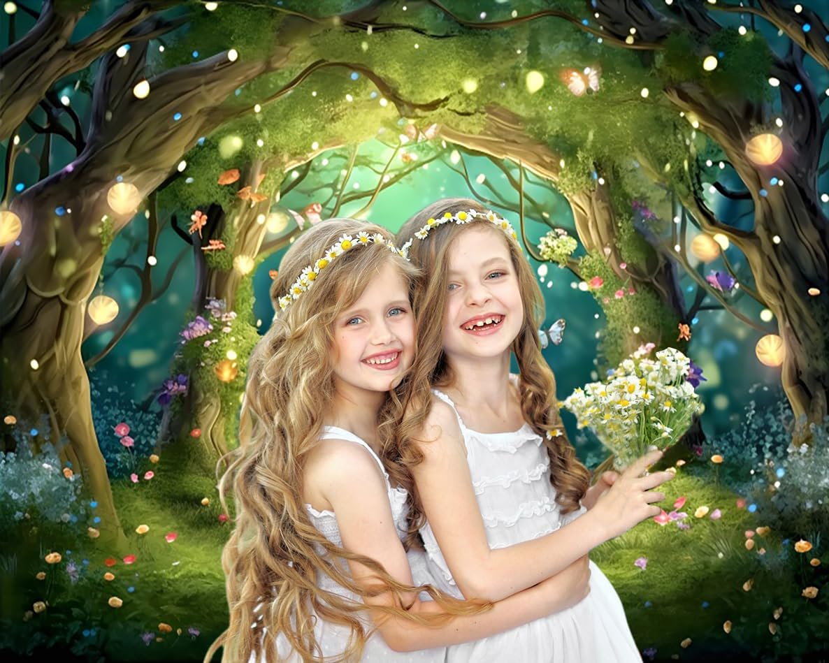 2.7x1.8m Toile de Fond Foret enchantée Fantaisie Pays des Merveilles Forêt Papillon Fleurs Arbre Photographie Fond Princesse Fête d'anniversaire Nouveau-né Bébé Shower Décorations