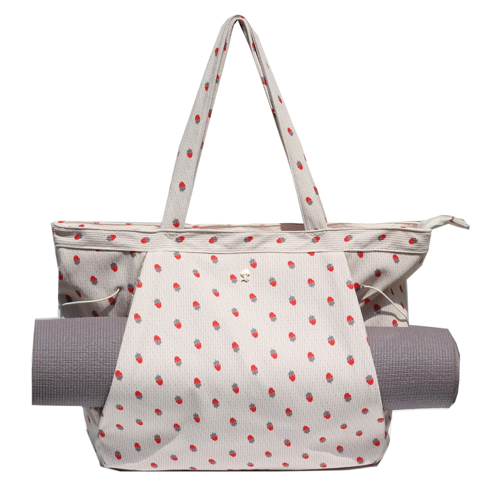 ESVAN Yoga Tote Bag for Women Shoulder Bags Drawstring for Office Workout Travel Carryall Pilates Gym and Beach (Corduroy Strawberry)