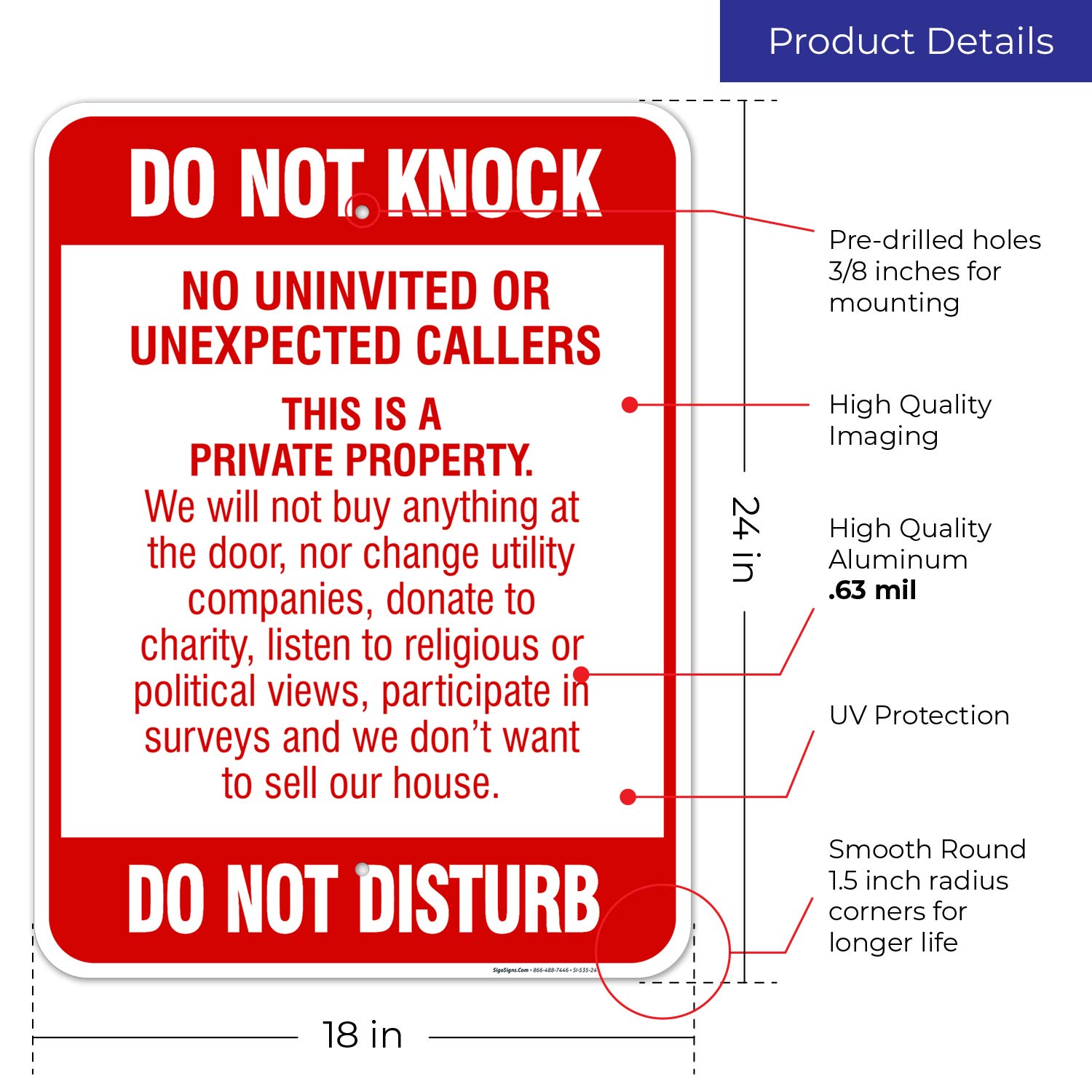 Do Not Knock Do Not Disturb Sign, No Soliciting Sign, 18x24 Inches, Rust Free .063 Aluminum, Fade Resistant, Easy Mounting, Indoor/Outdoor Use, Made in USA by Sigo Signs