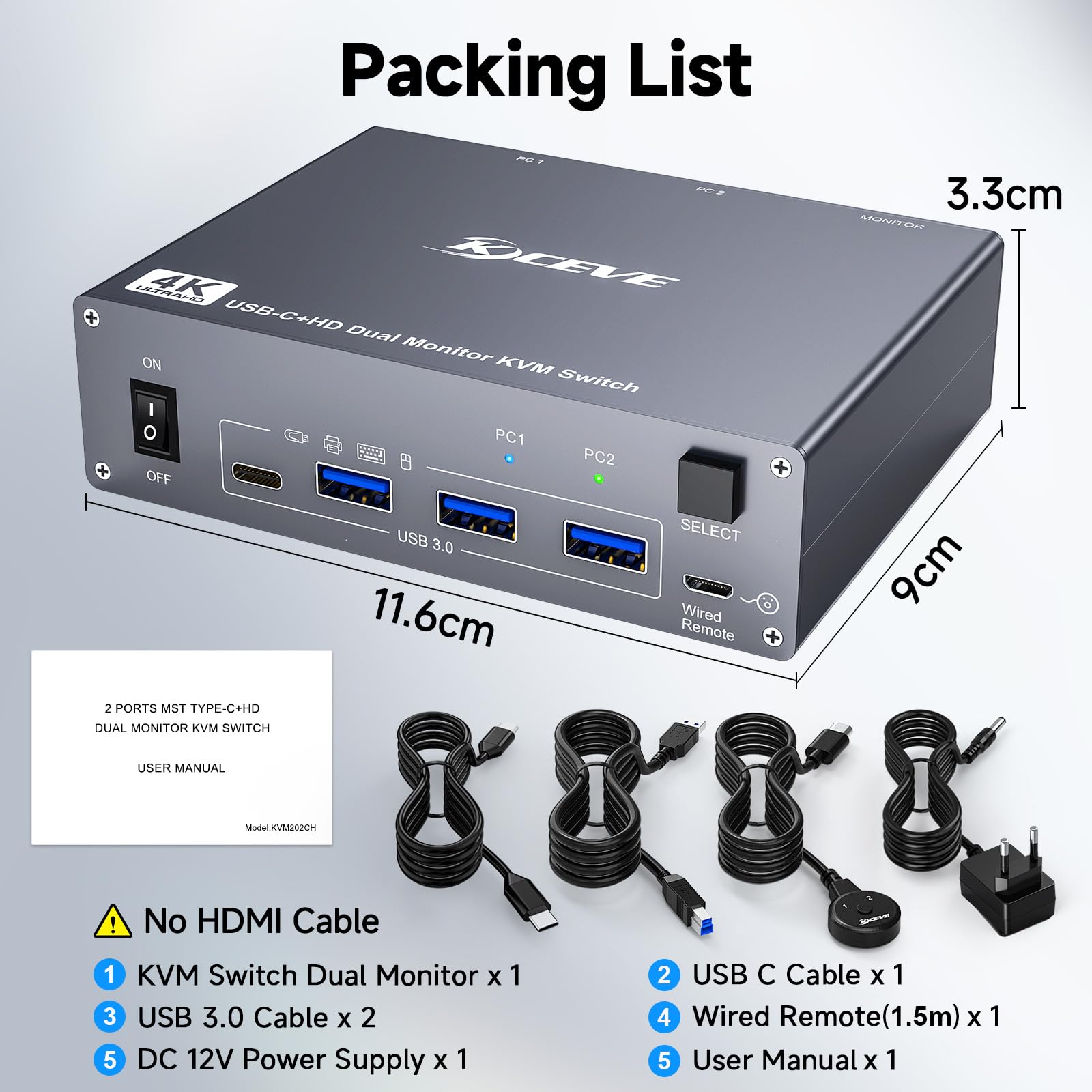 Switch KVM 2 Monitor per 1 Laptop 1 Desktop PC, USB 3.0 KVM Switch 2 PC 2 Monitor USB-C, 4K @ 60 Hz, MST, PD 100 W, Aluminium, Wired Remote(4K USBC HD 2 in 2 out)