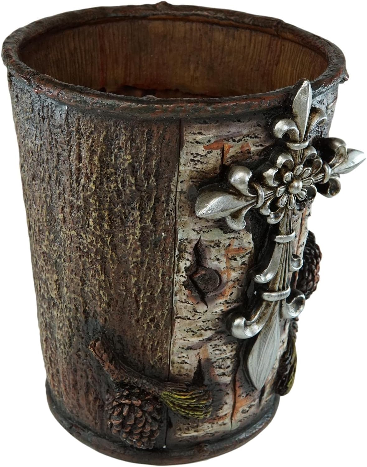 Ebros Gift Rustic Southwestern Inspirational Le Fleur Cross with Birch and Pinecones Bathroom Accessory Resin Sculpture Fleur De Lis Accent (Dry Waste Basket Trash Bin)
