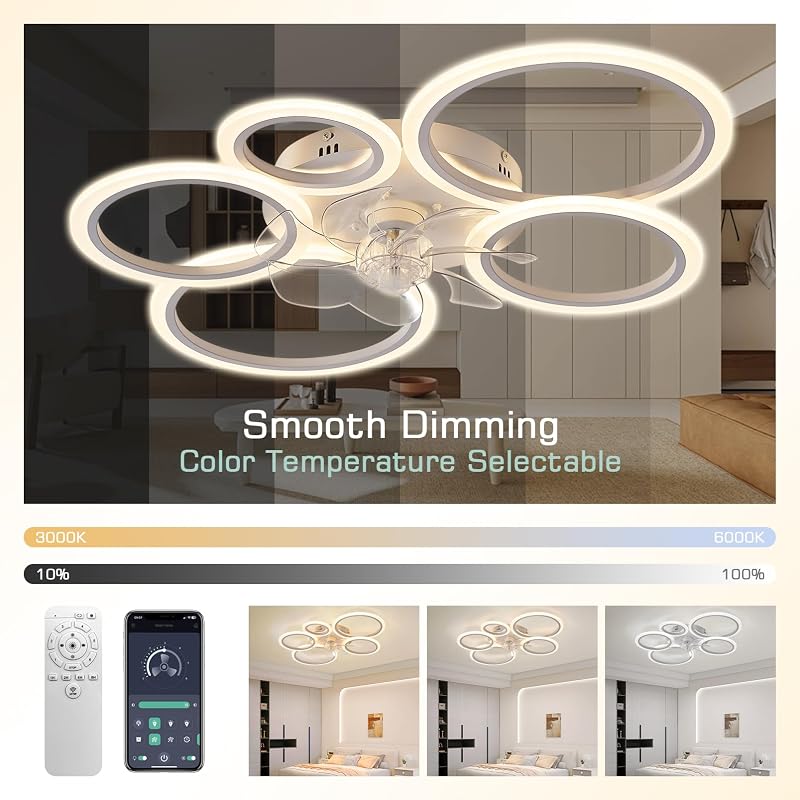 KSIBNW LED Mennyezeti Lámpa Ventilátorral - 70W Dimmelhető Fehér Lámpatest, Távirányítóval és Applikációval, 6 Sebességű Modern Ventilátor N