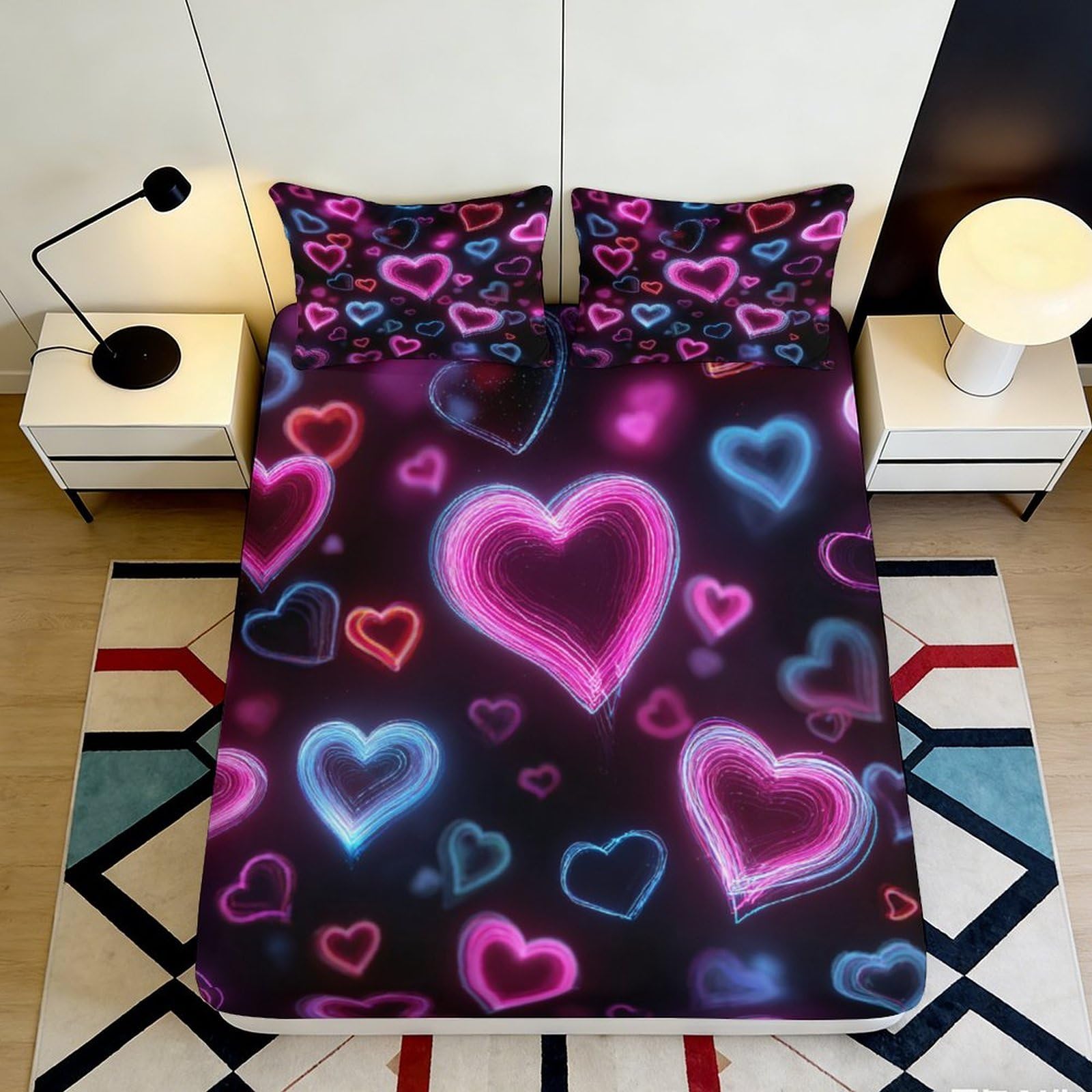 Pnayamiorkfel Style-4 3D Printed Neon Heart Fitted Sheet Microfiber Soft Breathable Love Pattern Mattress Cover For Bedroom Decor 90X200x25cm
