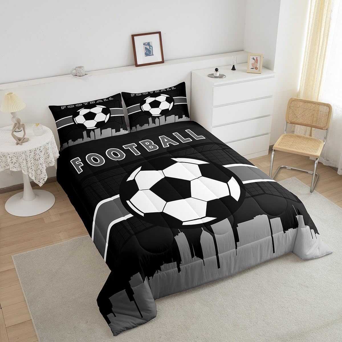 Erosebridal Little Boys Bedding Sets Twin Soccer Football Comforter Set for Toddler Kids, Sports Gamer Duvet Insert Video Game Gaming Bedding Comforters & Sets, Black Grey