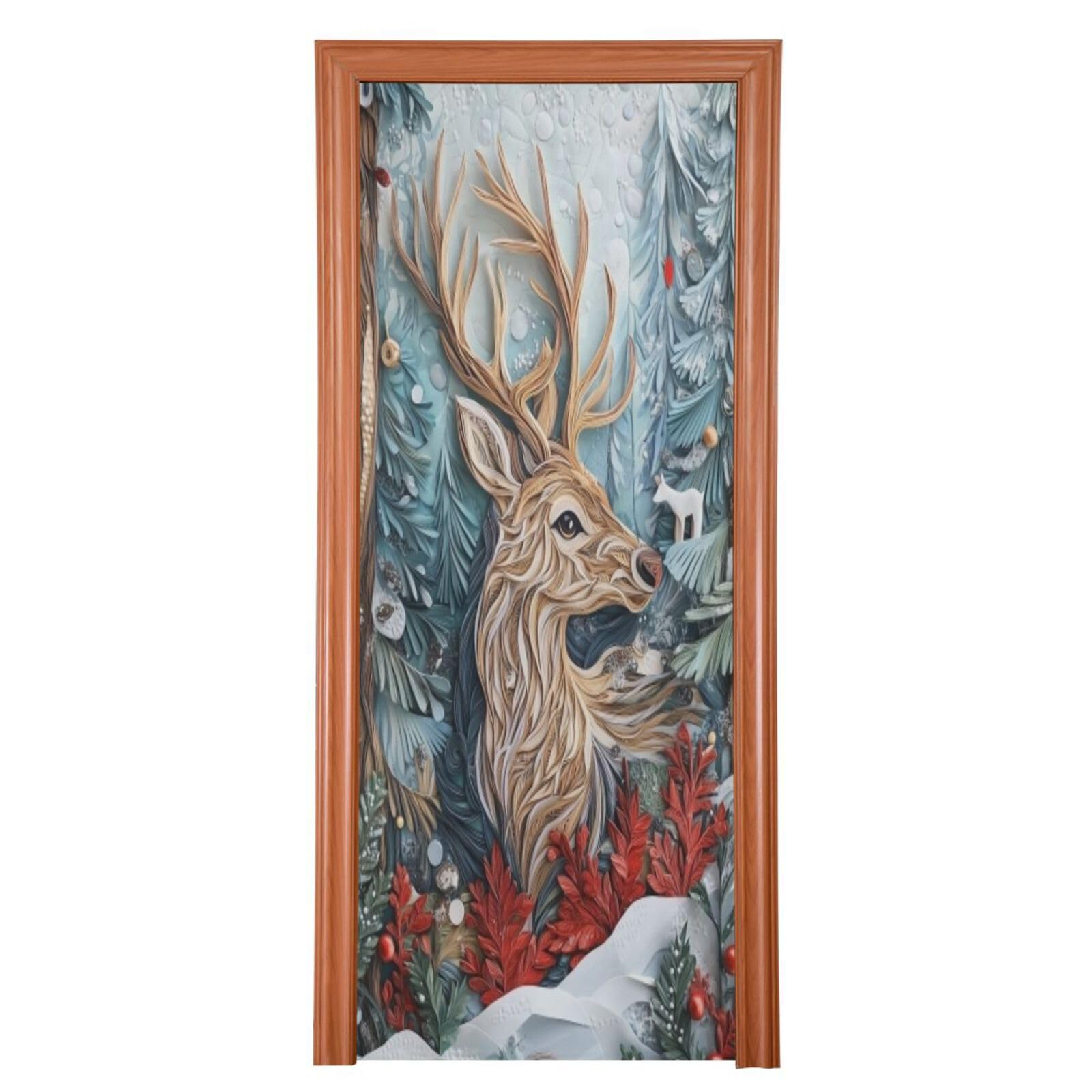 J JOYSAY Christmas Reindeer Door Decorations Door Cover Christmas House Decorations Front Door Covers Decoraions for Outdoor Christmas Decor,36x98 in