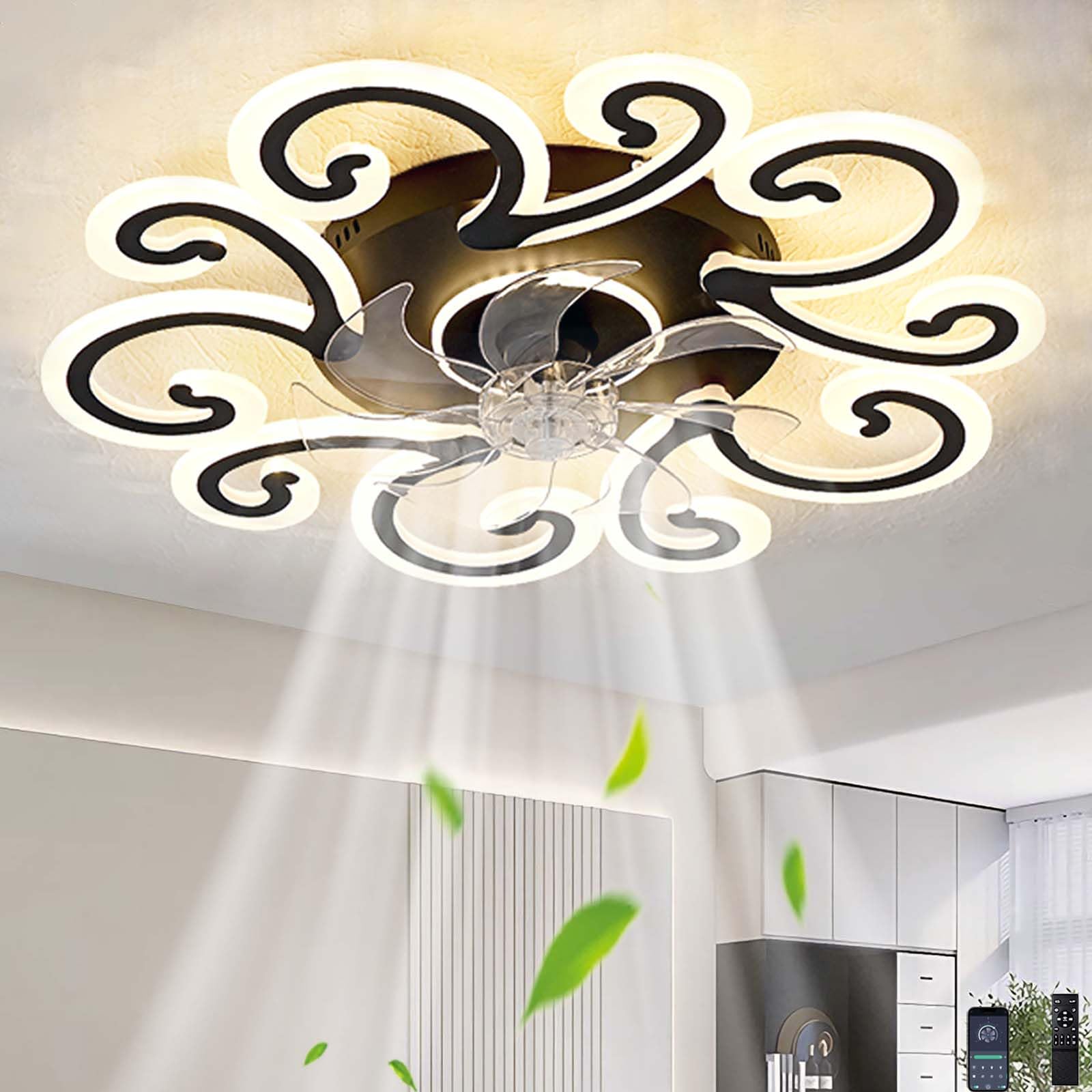 Ventilatore da Soffitto con Luce, Dimmerabile 3 Temperature di Colore Lampada con Ventilatore, Telecomando, Controllabile Tramite APP Funzione di Memoria Reversibile a 6 Velocità ，Nero