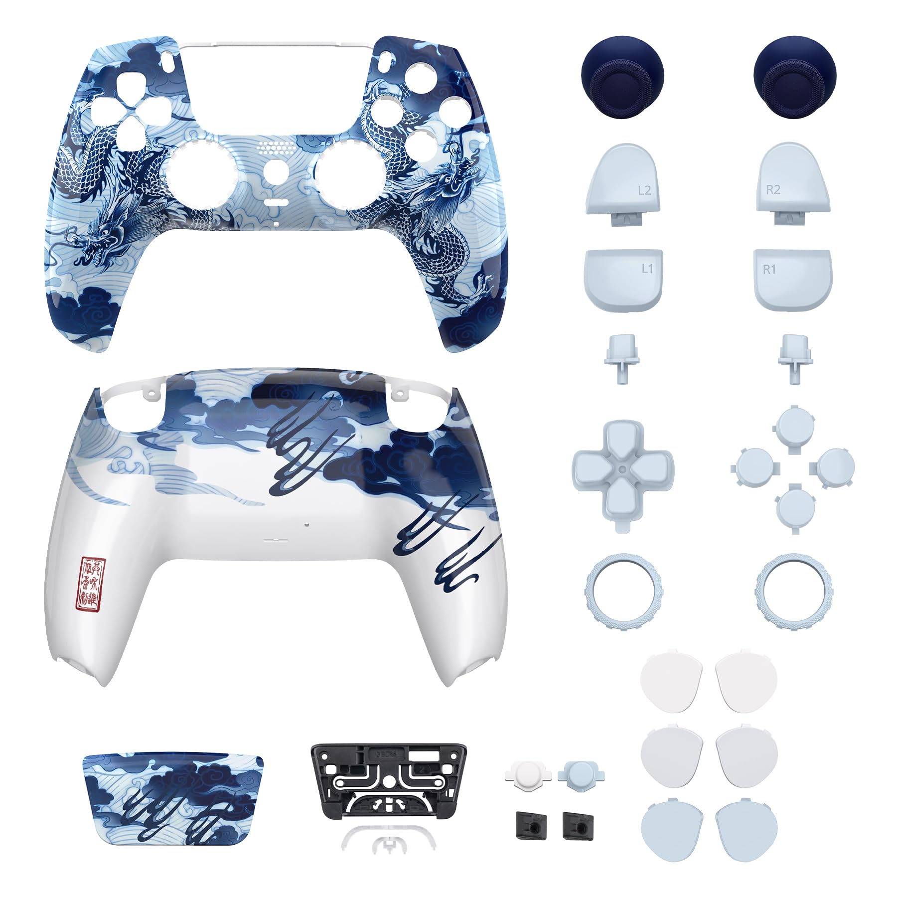 eXtremeRate LUNA Cover Tasti Ricambio per ps5 Joystick BDM-030/040/050,Shell Complete Ridisegnate per ps5 Controller,Pulsanti Set Levette Analogiche&Cacciavite-Porcellana Loong