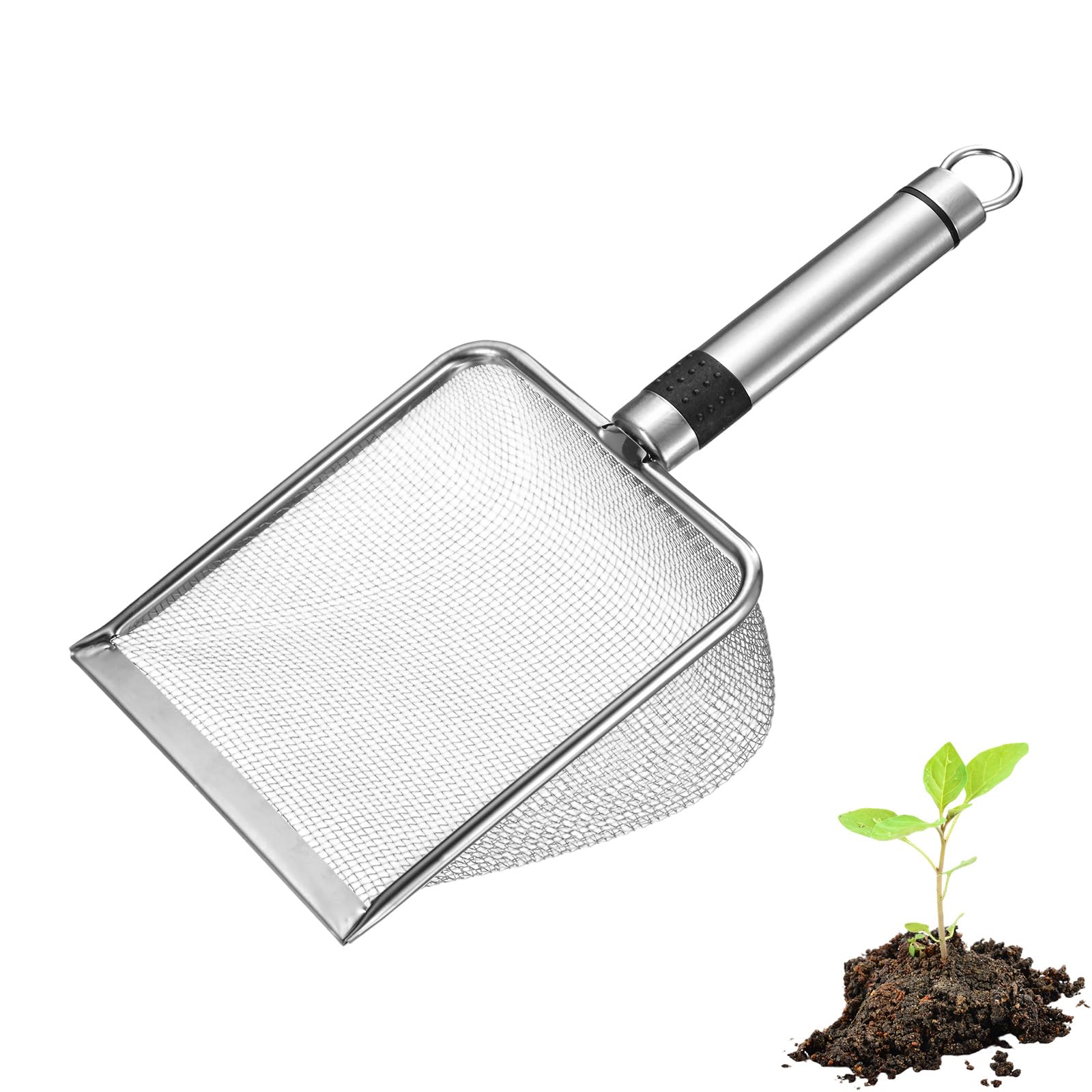 M METERXITY 1-Pack Gardening Soil Sifter, 2 mm Mesh Stainless Steel Sand Soil Compost Sieve with Stainless Steel Handle for Sand/Dirt/Rock Compost, Screen Potting Scoop [Silver Tone]