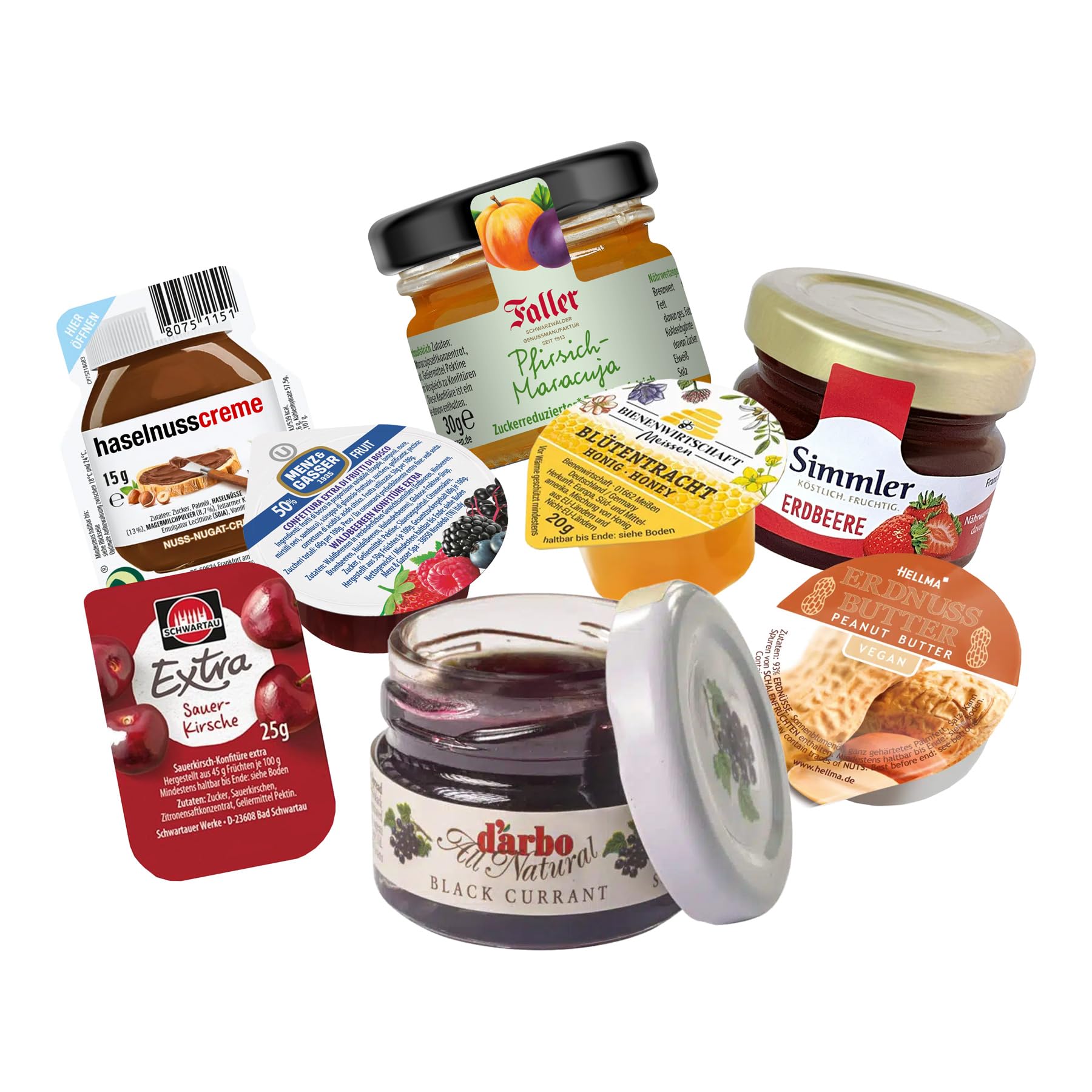 itenga Frühstücksaufstrich Box 24-teilig | Portionsgläser & Portionsbecher | Marmelade, Honig, Nuss-Nougat & Erdnusscreme | Adventskalender-Füllung, Büro & Urlaub - Inhalt 627g