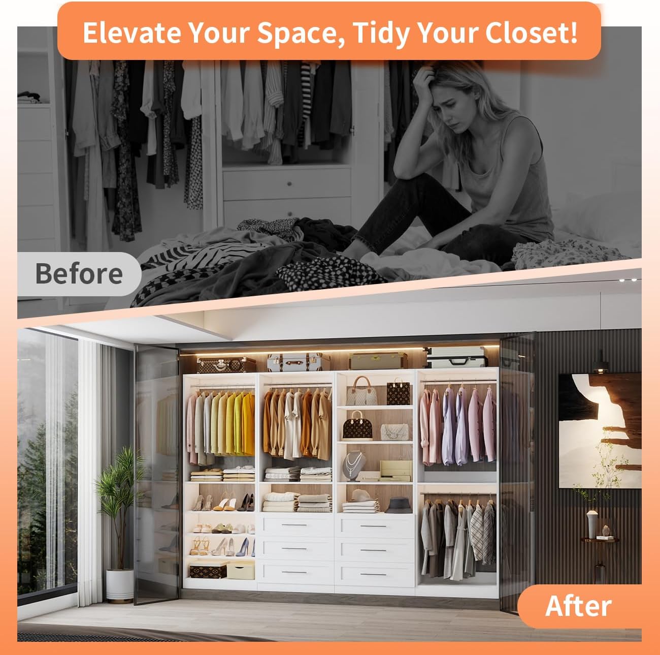 Closet System with 4 Sets, 8–21 FT Closet System with 6 Drawers, 9 Shelves & 8 Hanging Rods, Max 252″ Closet Organizer System for Walk in Closets, Modular Custom Wood Closet Kit with Shoe Racks, White