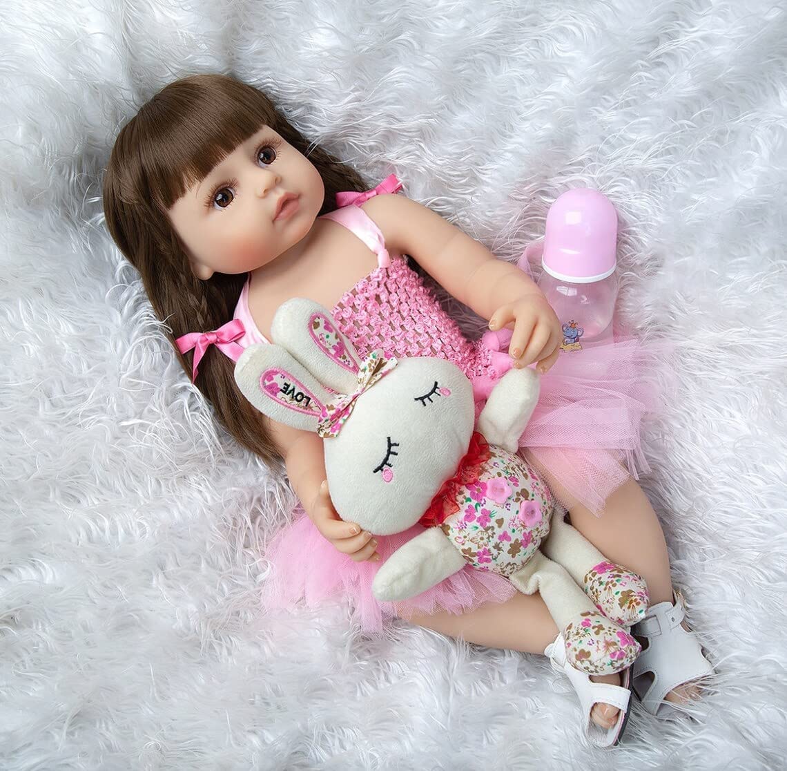 Black Foru Baby Reborn Toddler Baby Dolls Silicone Full Body Girl 22 inch Long Hair Anatomically Correct Waterproof Dolls Reborn Pink Dress Birthday Gift Set for Girls 4