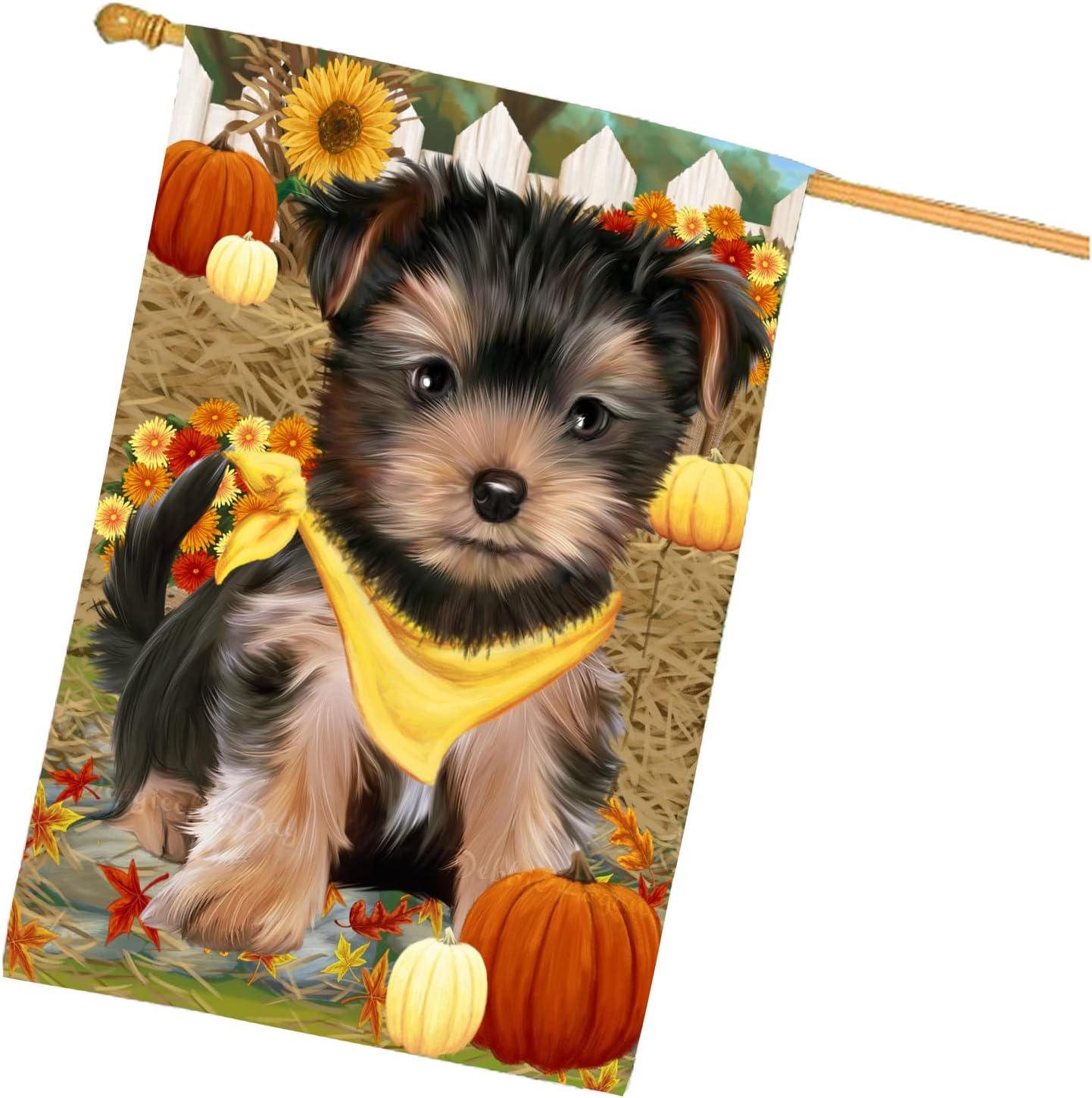 Fall Autumn Greeting Yorkshire Terrier Dog House Flag - Outdoor Double Sided Pet Portrait Weather Resistant Premium Quality Home Decorative Flags - 100% Polyester 29"w x 43"h, HFLG50366