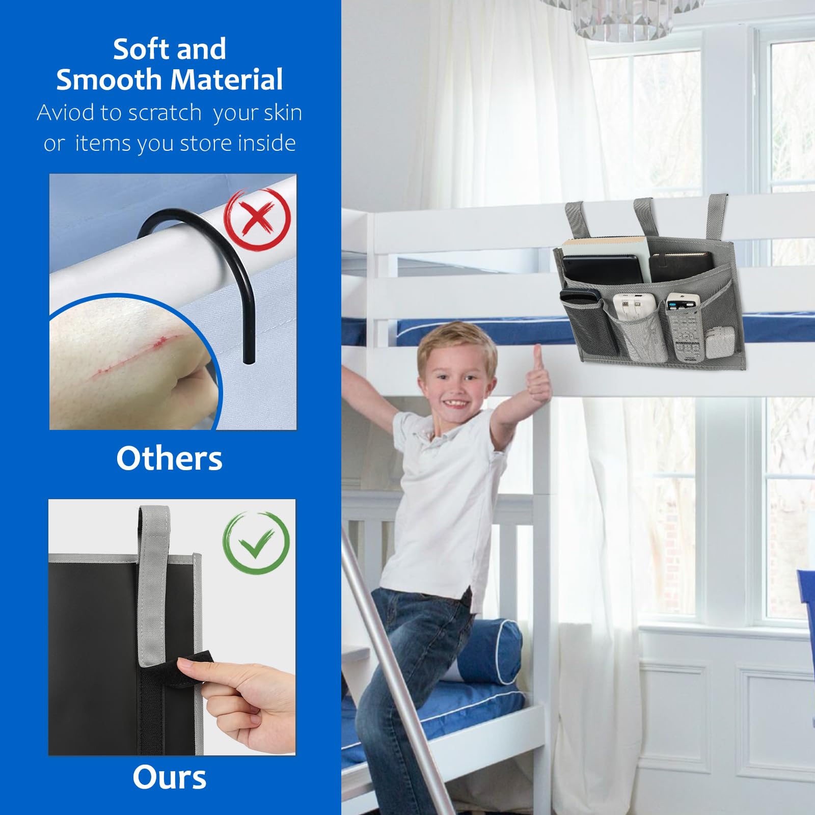 Surblue Bedside Caddy Bed Organizer Hanging Storage Bag Pocket for Bunk Hospital Beds College Dorm Rooms Baby Bed Rails Camp Wheelchairs,4 Pockets, Grey