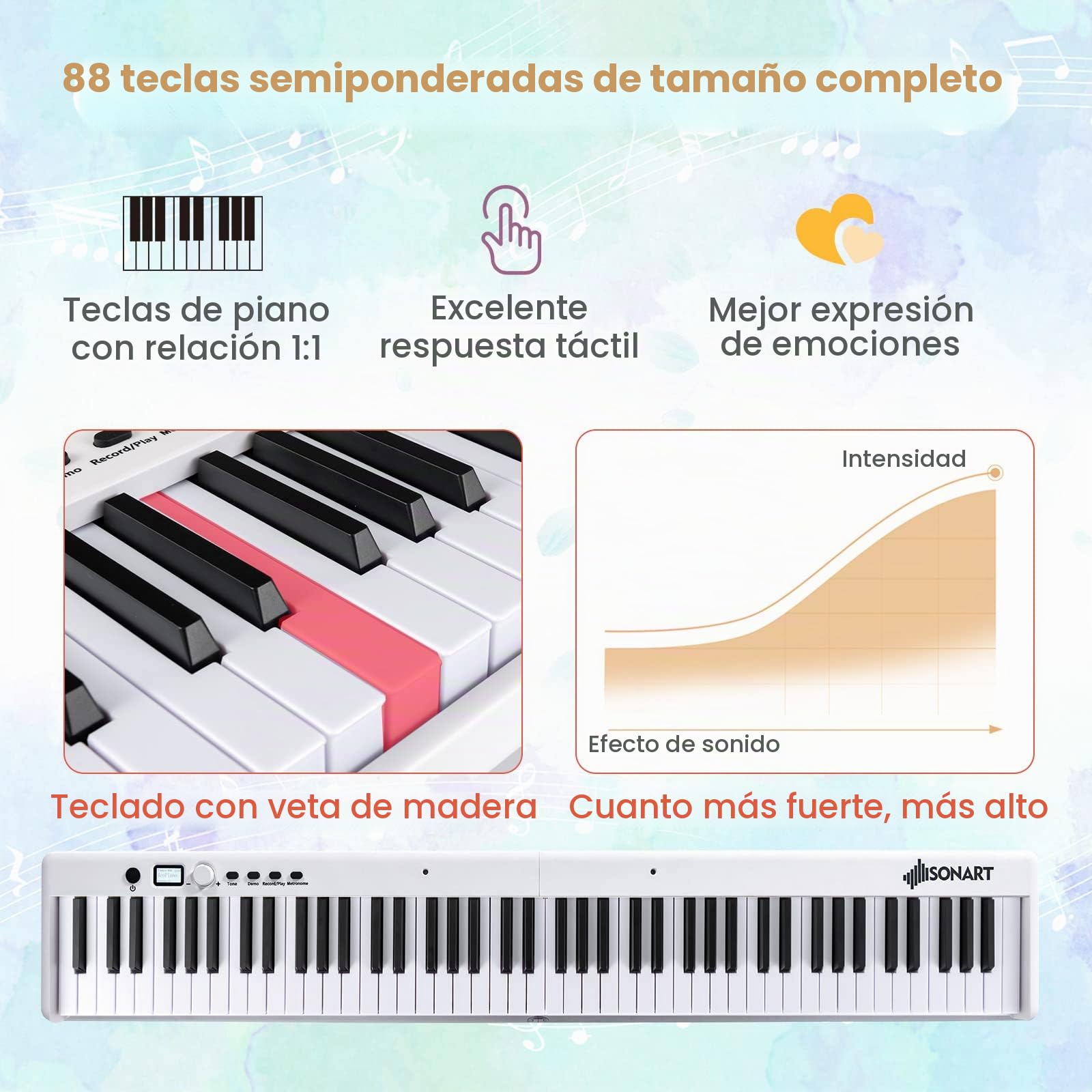 RELAX4LIFE Teclado Electrónico Plegable con 88 Teclas, Piano Digital con Bolsa y Lectura, Pantalla LCD y Teclas Iluminadas LED, Piano Digital con 2 Modos de Enseñanza (Blanco)