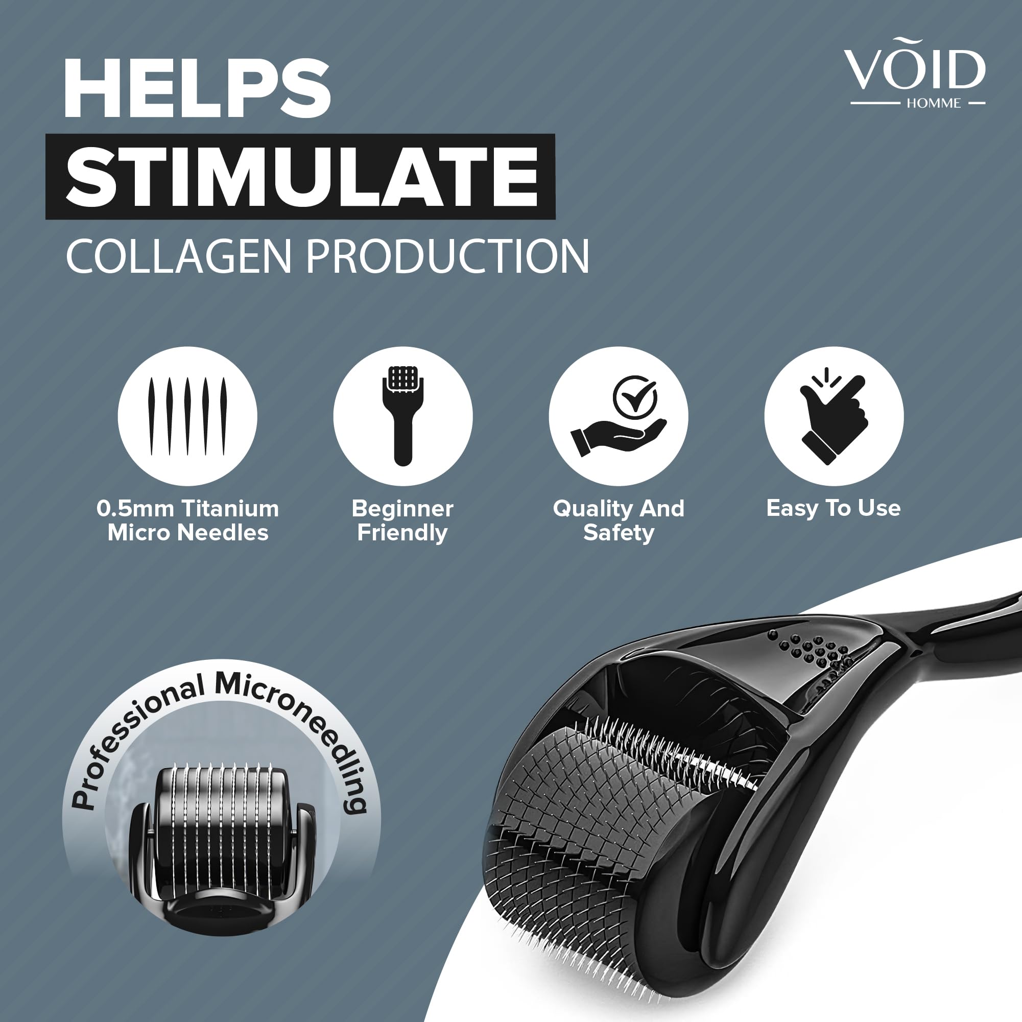 VOID Homme Derma Roller – profesjonalny wałek do brody z igłami tytanowymi 0,5 mm 540 – stymuluje wzrost włosów i produkcję kolagenu, celuje w zmarszczki, drobne linie, rozstępy