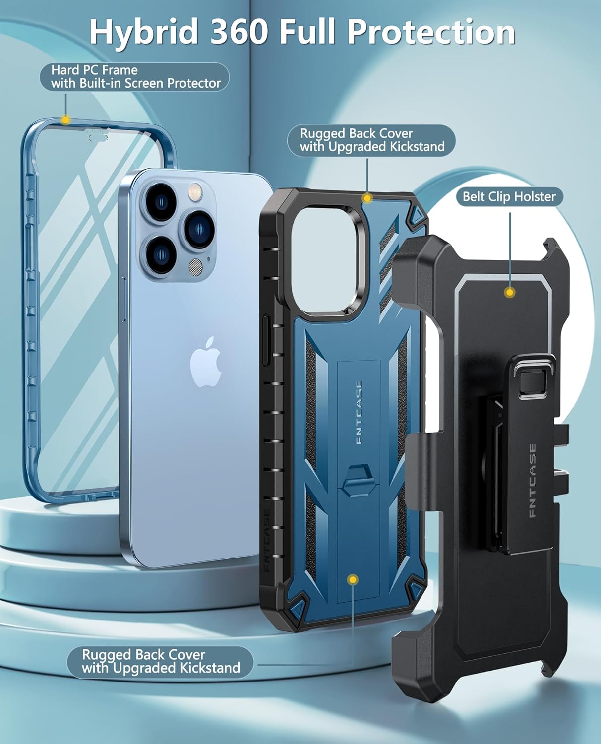 FNTCASE for iPhone 12 Pro Max Case: with Belt-Clip Holster & Built-in Screen Protector & Kickstand, Full-Body Dual Layer Rugged Military Grade Shockproof Protective Cell Phone Cover 6.7 inch-Blue