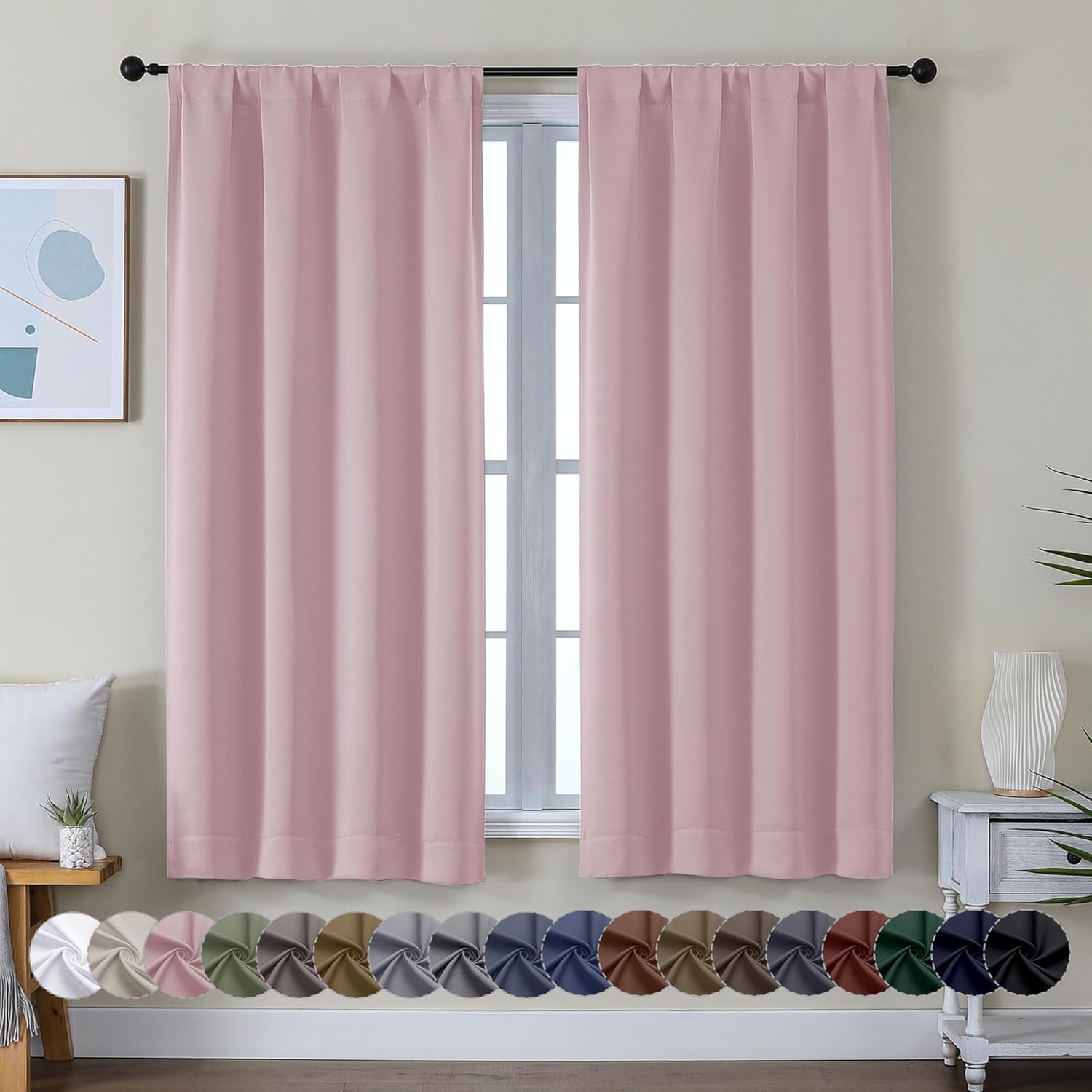 Simplebrand Ava Blush Blackout Curtains for Bedroom 63 Inch Length 2 Panels Set, Nursery Thermal Insulated Energy Saving Rod Pocket Window Treatment Curtains Blackout Drapes, W40 x L63 Inch, Blush Blush 40"W x 63"L (Pack of 2)