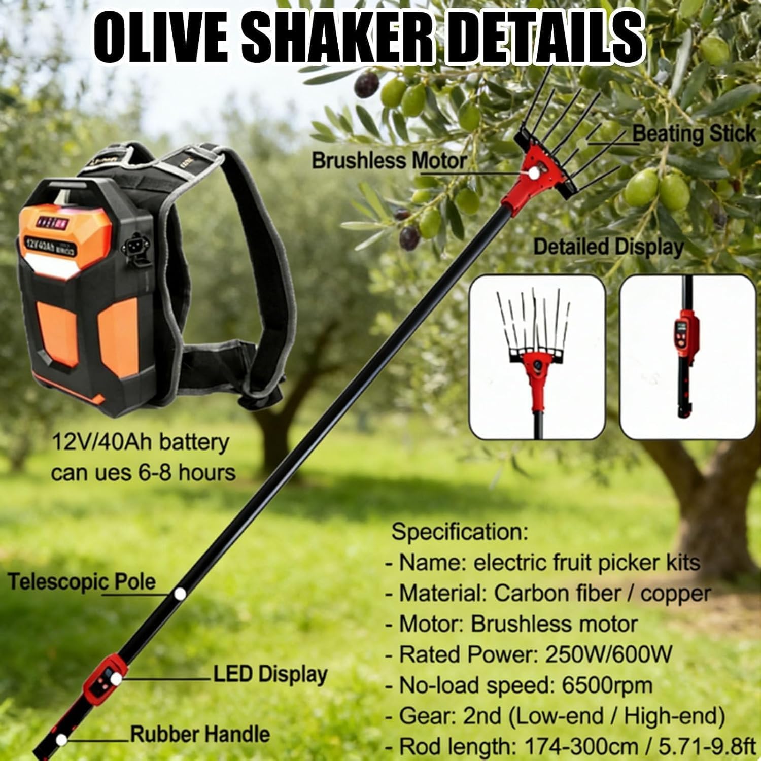 Cosechadora eléctrica de aceitunas de 600 W, recolector vibratorio con poste telescópico ajustable de 175 a 270 cm para dátiles, granos de café