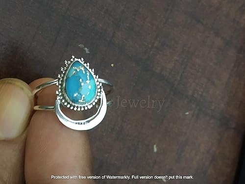 Miniatura 3 de Anillo azul de cobre turquesa, plata de ley 925, anillo en forma de media luna, anillo de dos bandas, Boho Chic, joyería de boda de promesa, anillo