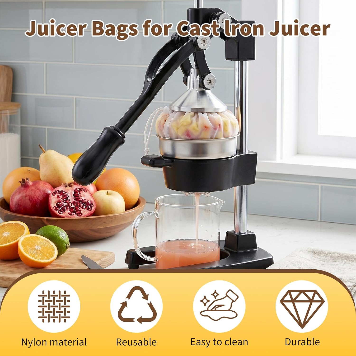 10 Pack Juicer Bags, 9.84 x 13.78 Inch Straining Pouches for Cast Iron Juicer, Strong Durable Reusable Nylon Mesh, Thick Rope Easy to Tie, Simple to Clean, Great for Home Use