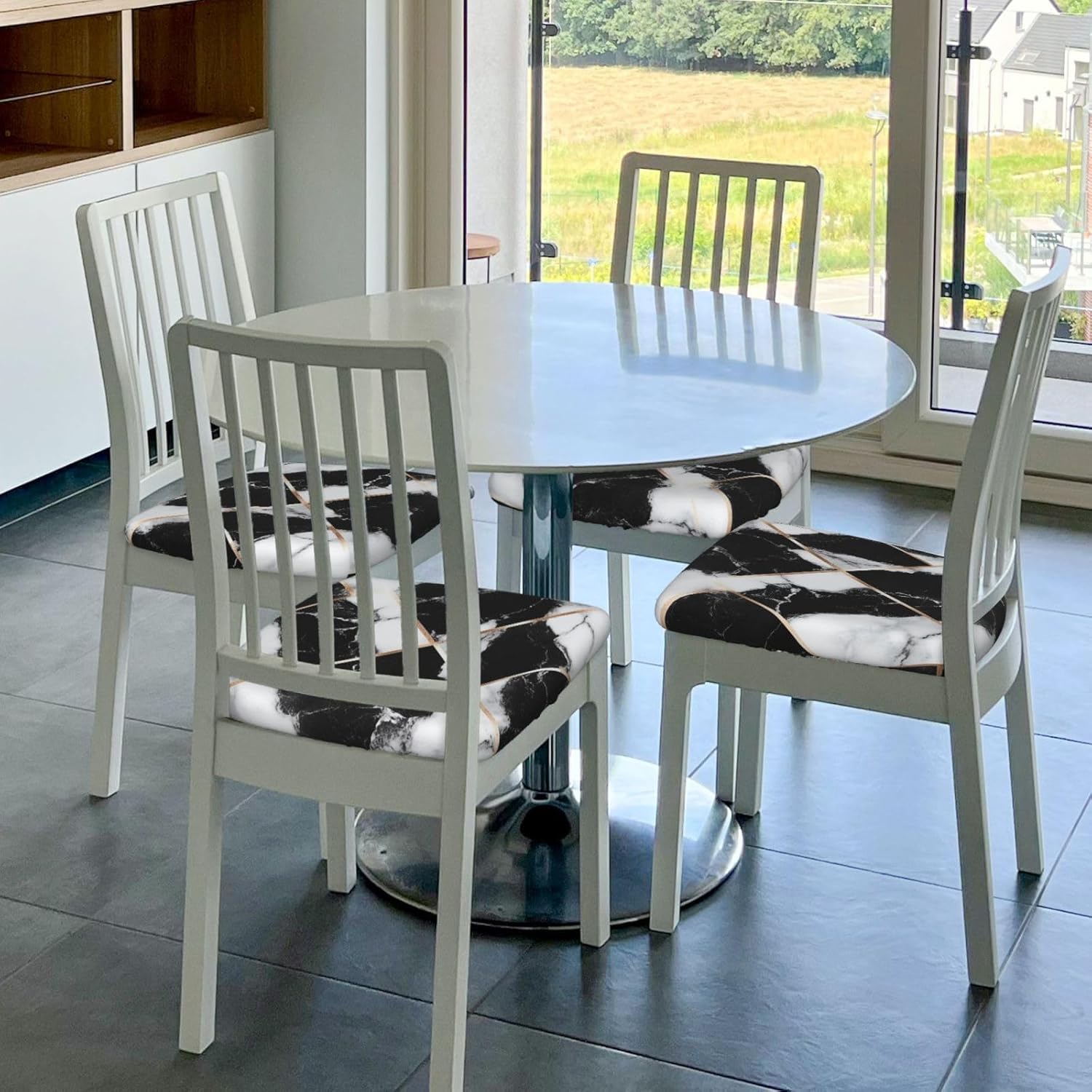Black and White Marble Texture Print Square Cushion Covers 6 Pcs Set Elastic Non-Slip Seat Cushion Slipcovers Pet Furniture Protectors for Chair, Sofa