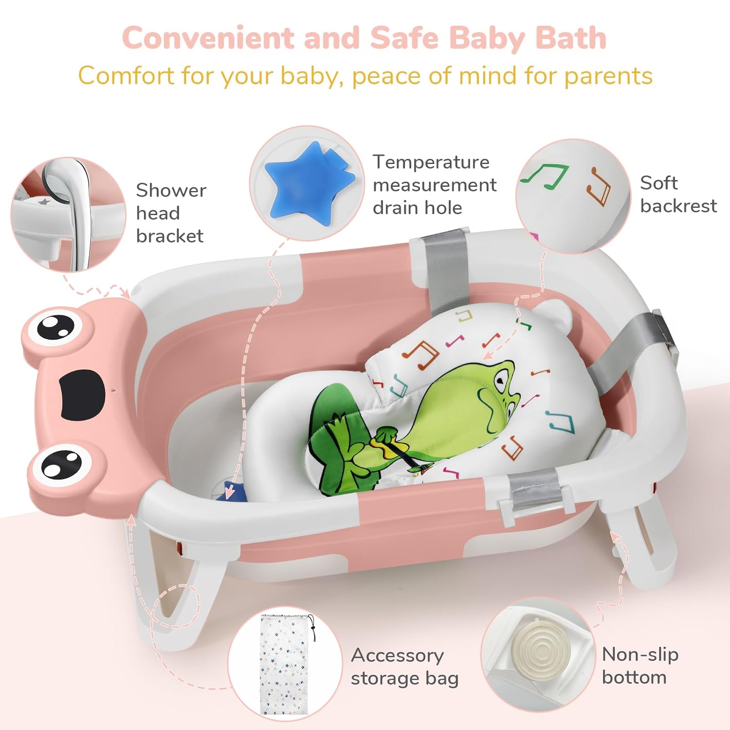 DEANIC Collapsible Baby Bathtub with Baby Washcloth, Portable Infant Bathtub with Soft Baby Bath Support Cushion for 0-3-6-12 Month Newborns, Foldable Baby Bath Tub for Indoor, Travel (Pink)