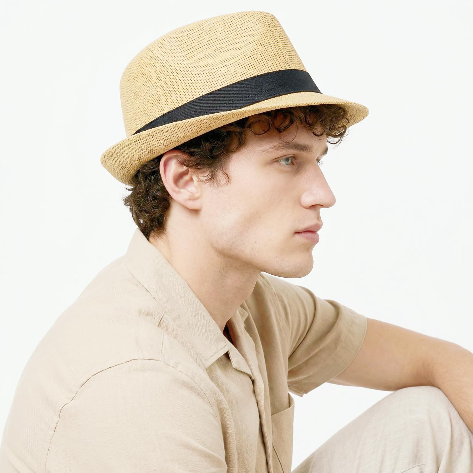 Straw Fedora Hat for Men Summer Short Brim Panama Hat Beach Casual — view 2