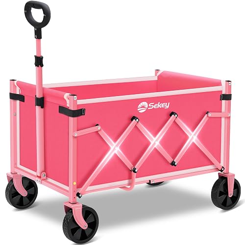 Sekey Lightweight Collapsible Wagon, 220 lb Capacity, Quick-Fold Cart | Lightweight foldable wagon cart with 220 lb steel frame, tool-free setup and auto-rebound handle for shopping and camping.