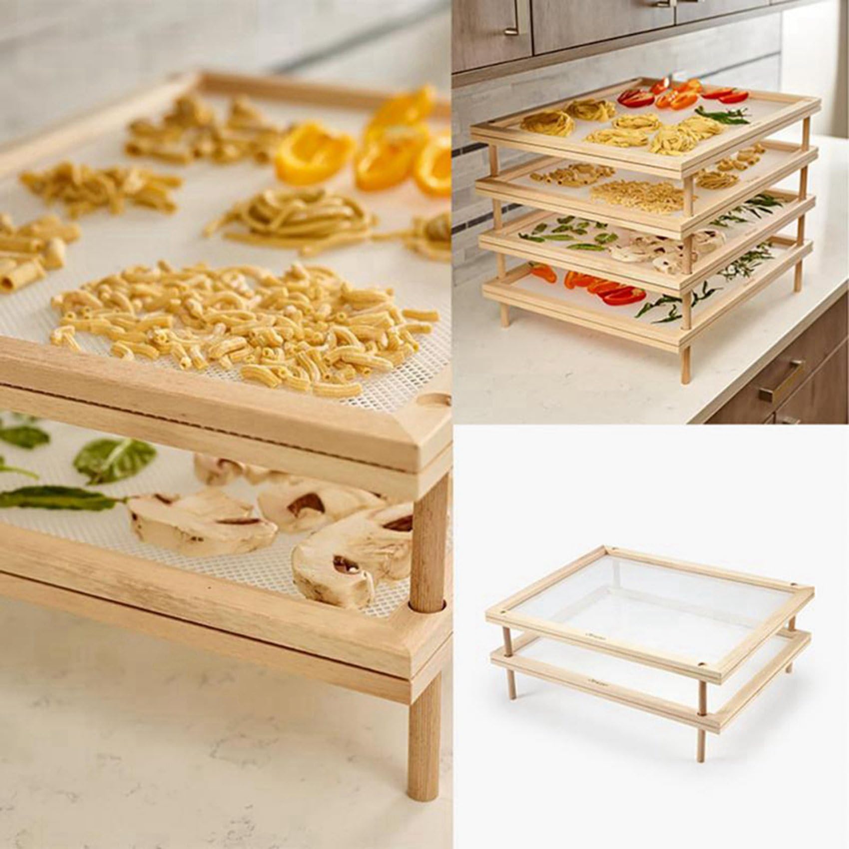 4X Stendipasta Pieghevole, Asciugatrice per Pasta per Pasta Fatta nel Casa, Stendino per Pasta nel Legno Naturale con 4 Bastoncini Un Base Singola
